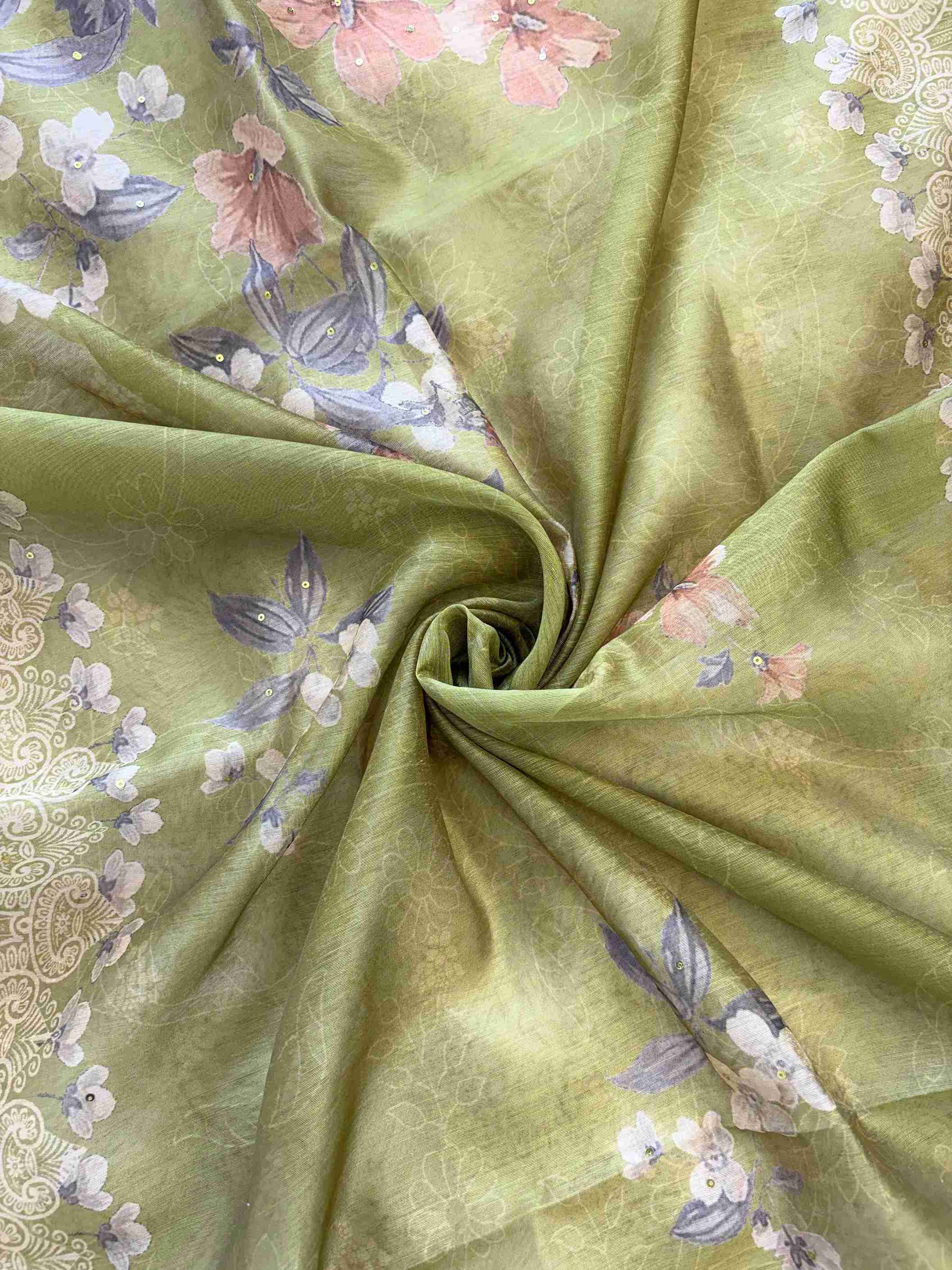 Digitally printed bright olive green chanderi dupatta with floral motifs and ornate border