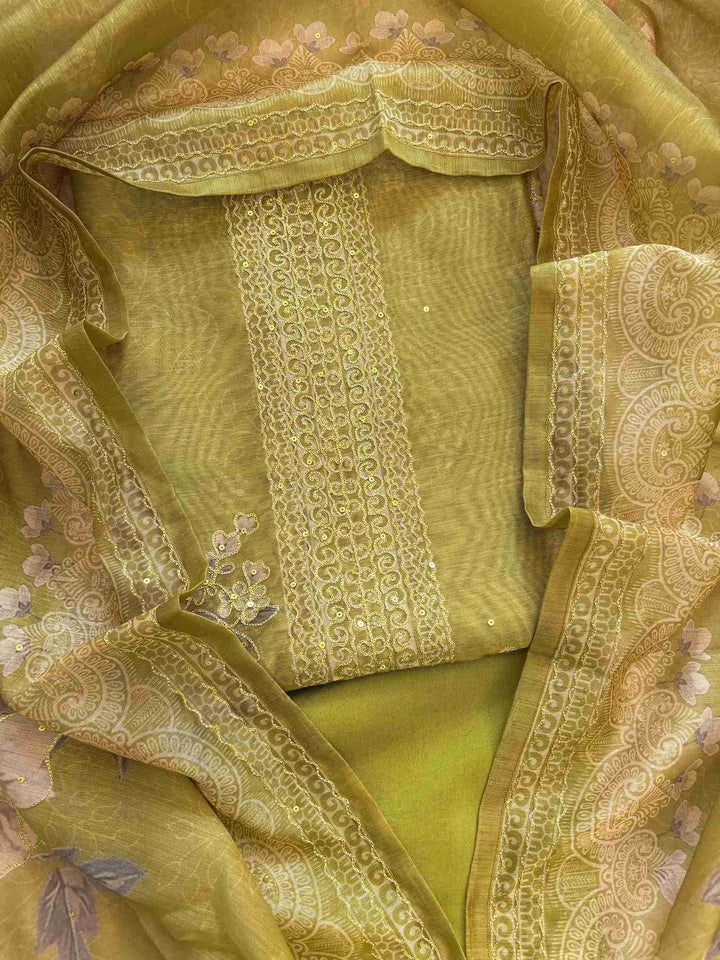 Bright Olive green chanderi unstitched suit with floral digital print and zari sequin detailing