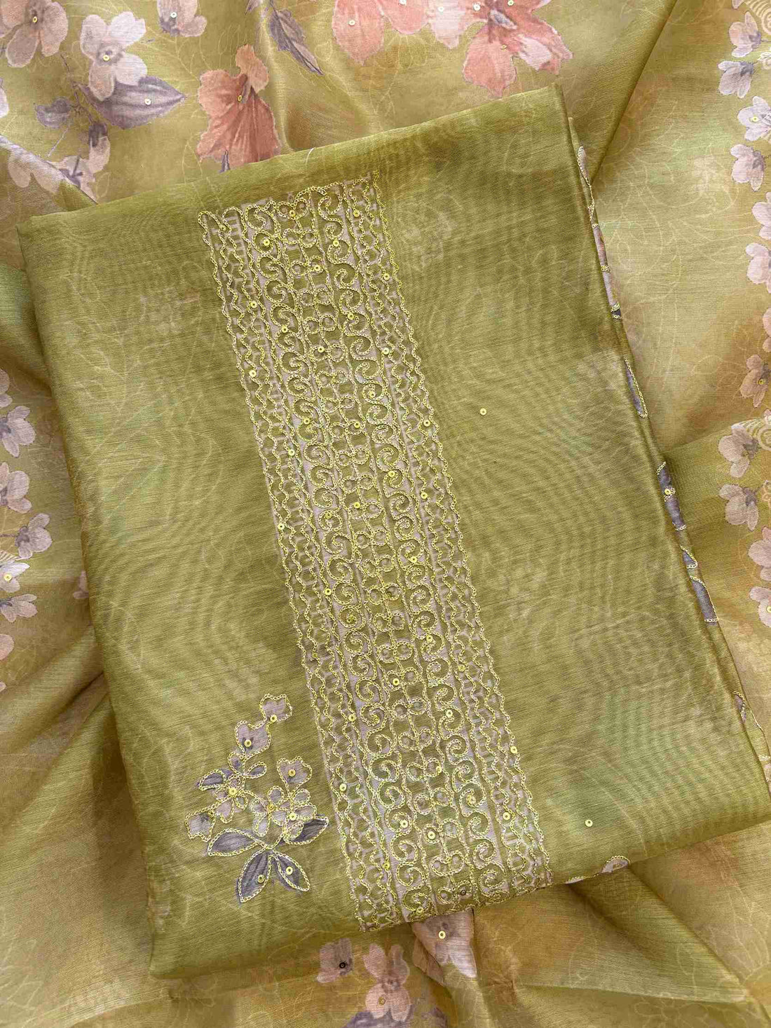 Close-up of floral digital print with zari thread and sequin highlights on chanderi shirt