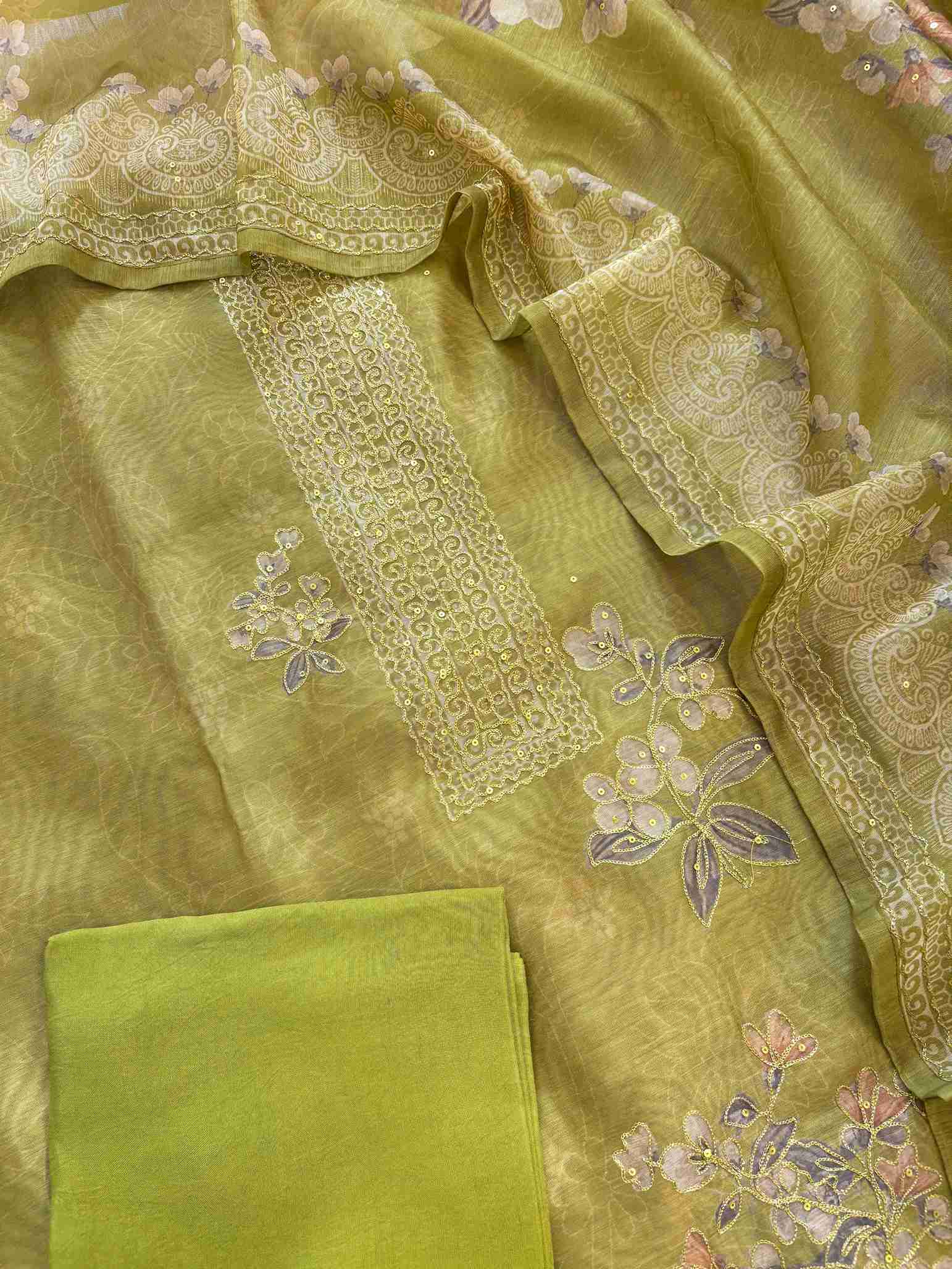Solid bright olive green cotton silk bottom fabric for unstitched suit set