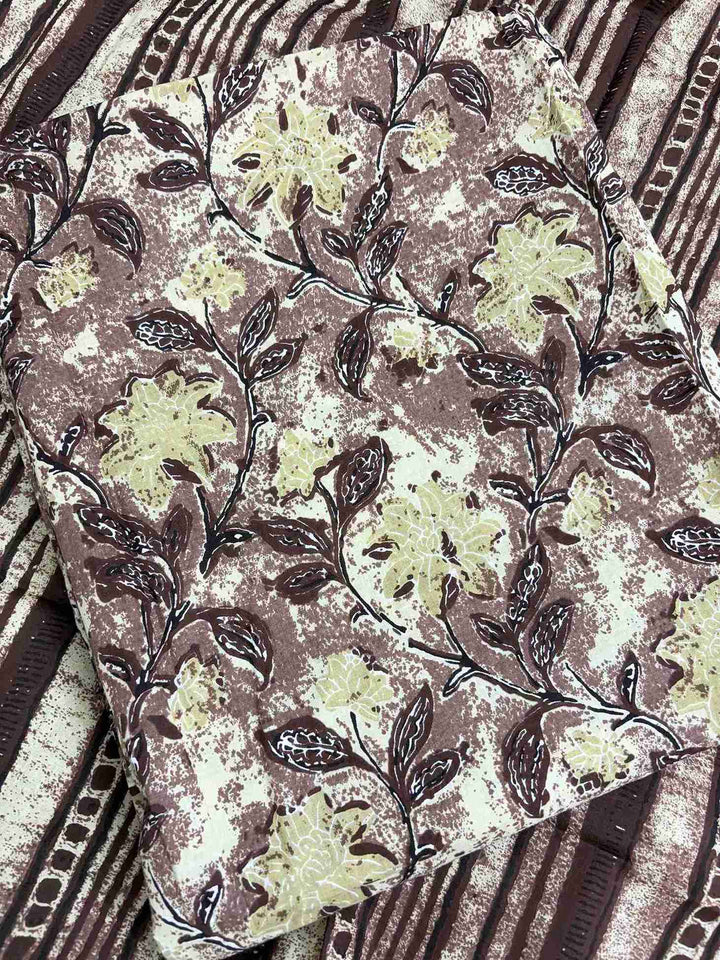 Front view of brown yellow cotton shirt featuring floral digital jaal print