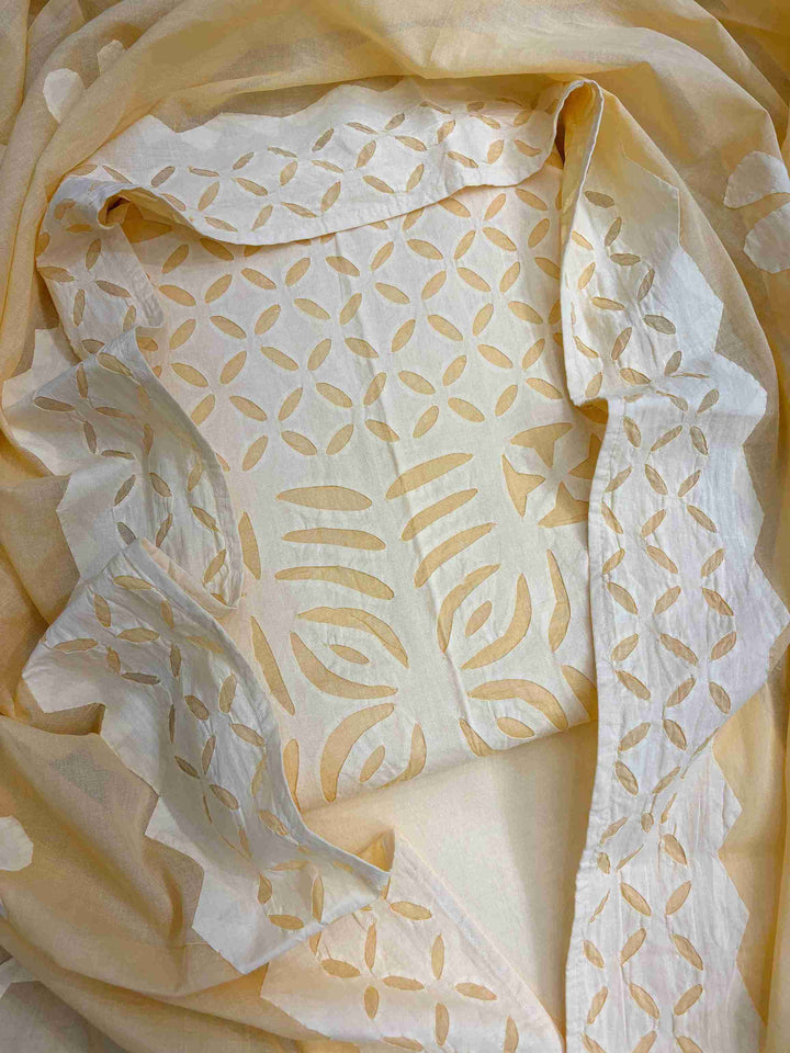 butter yellow pure cotton unstitched suit set with applique jaali handwork on shirt and geometric dupatta