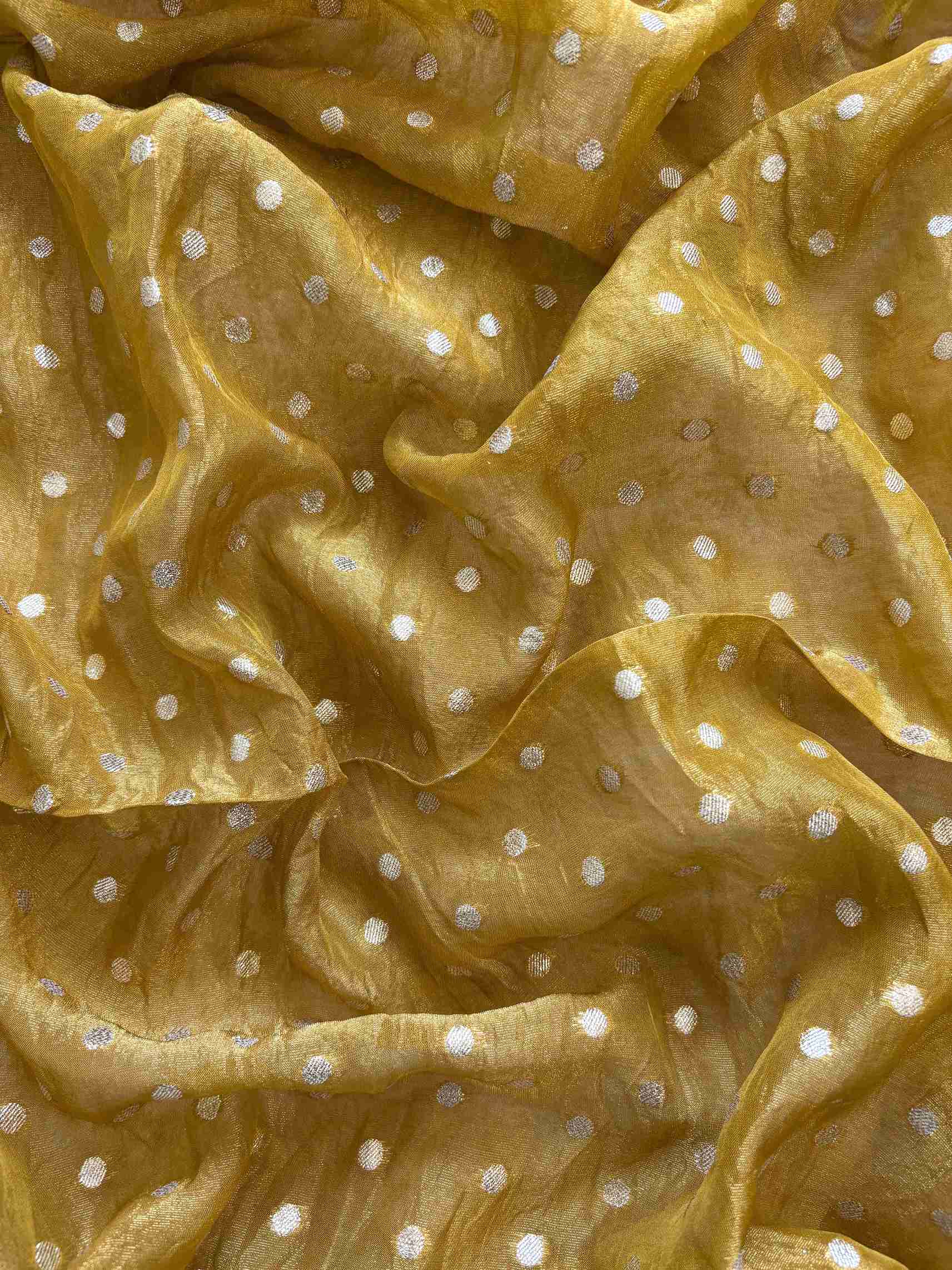 satin organza yellow unstitched suit with zardozi neckline