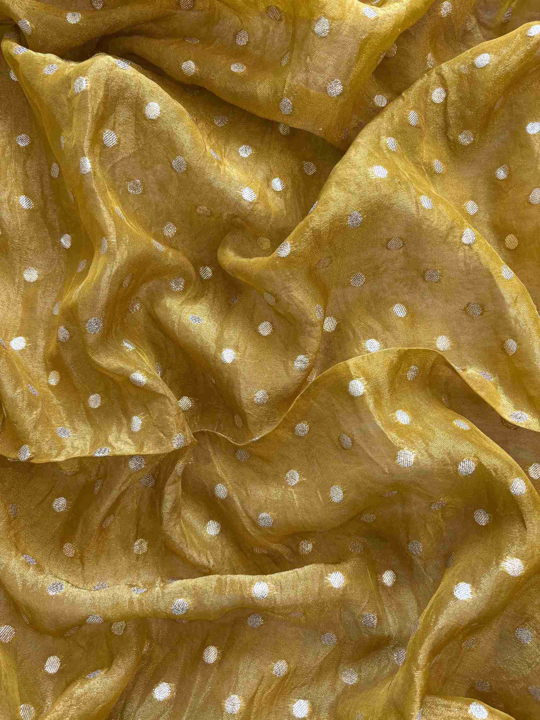 satin organza yellow unstitched suit with zardozi neckline