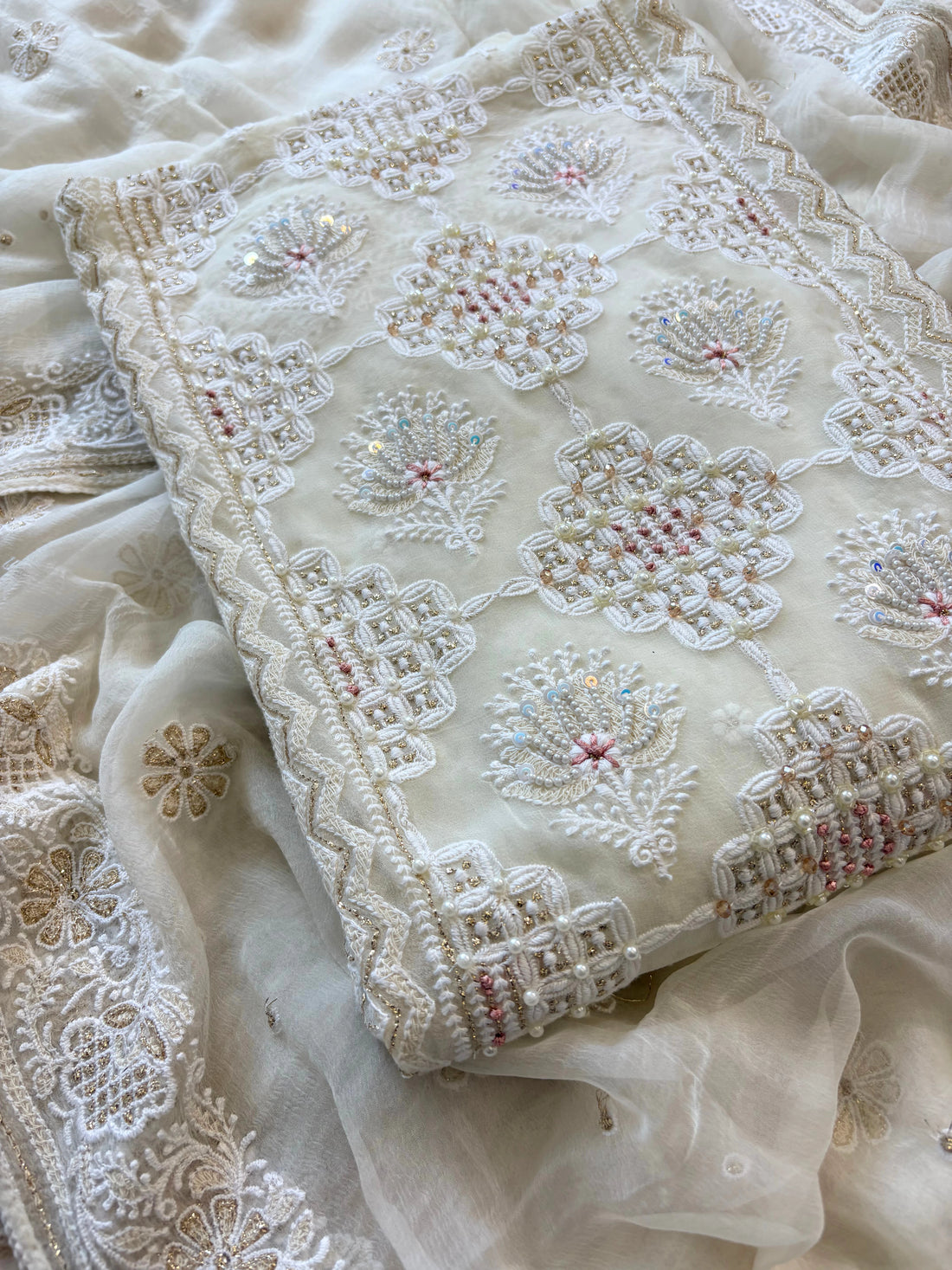 Georgette chikankari suit with beads, sequins and moti embellishments paired with dupatta