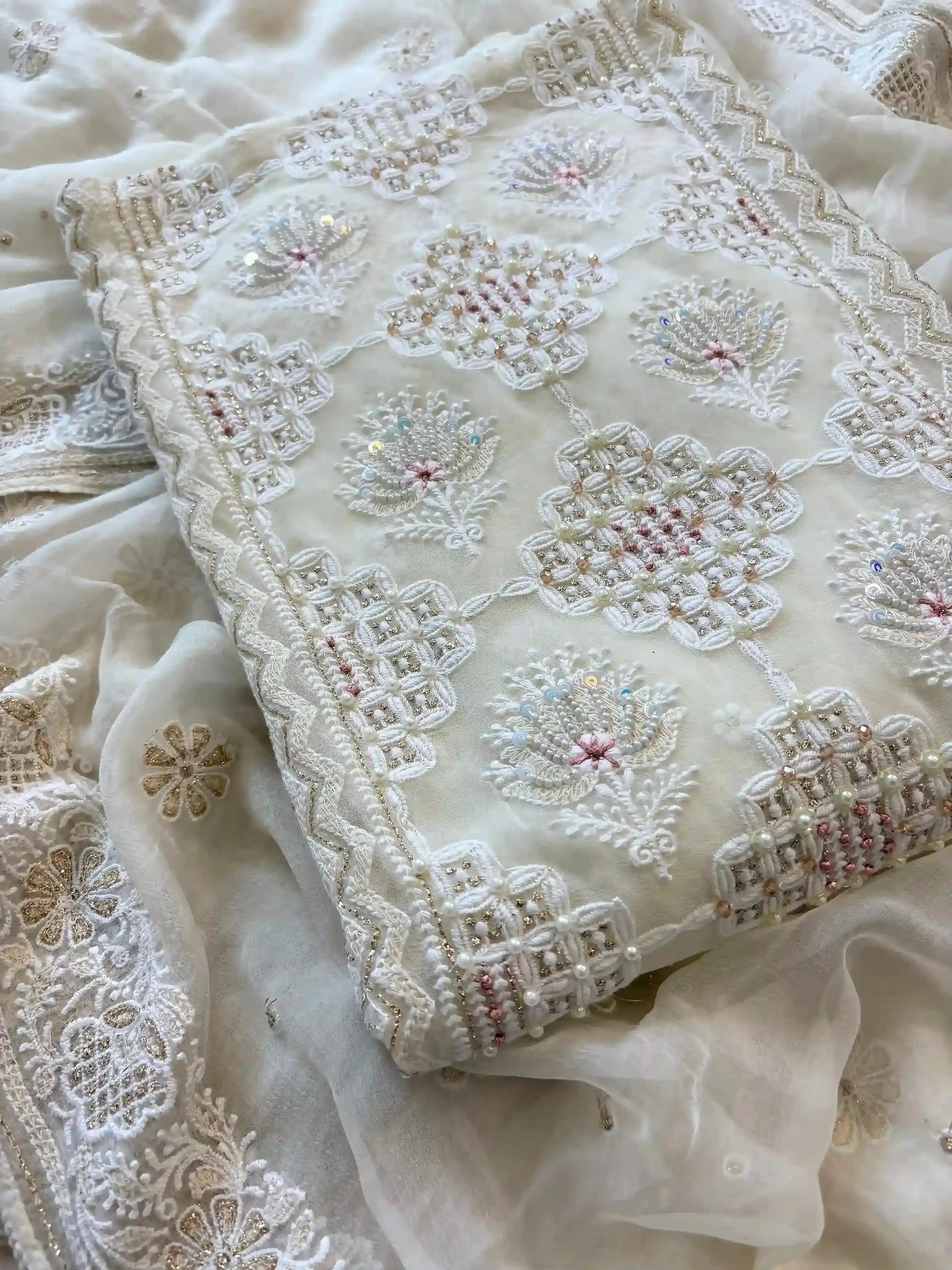 white georgette party wear chikankari unstitched suit for women or ladies