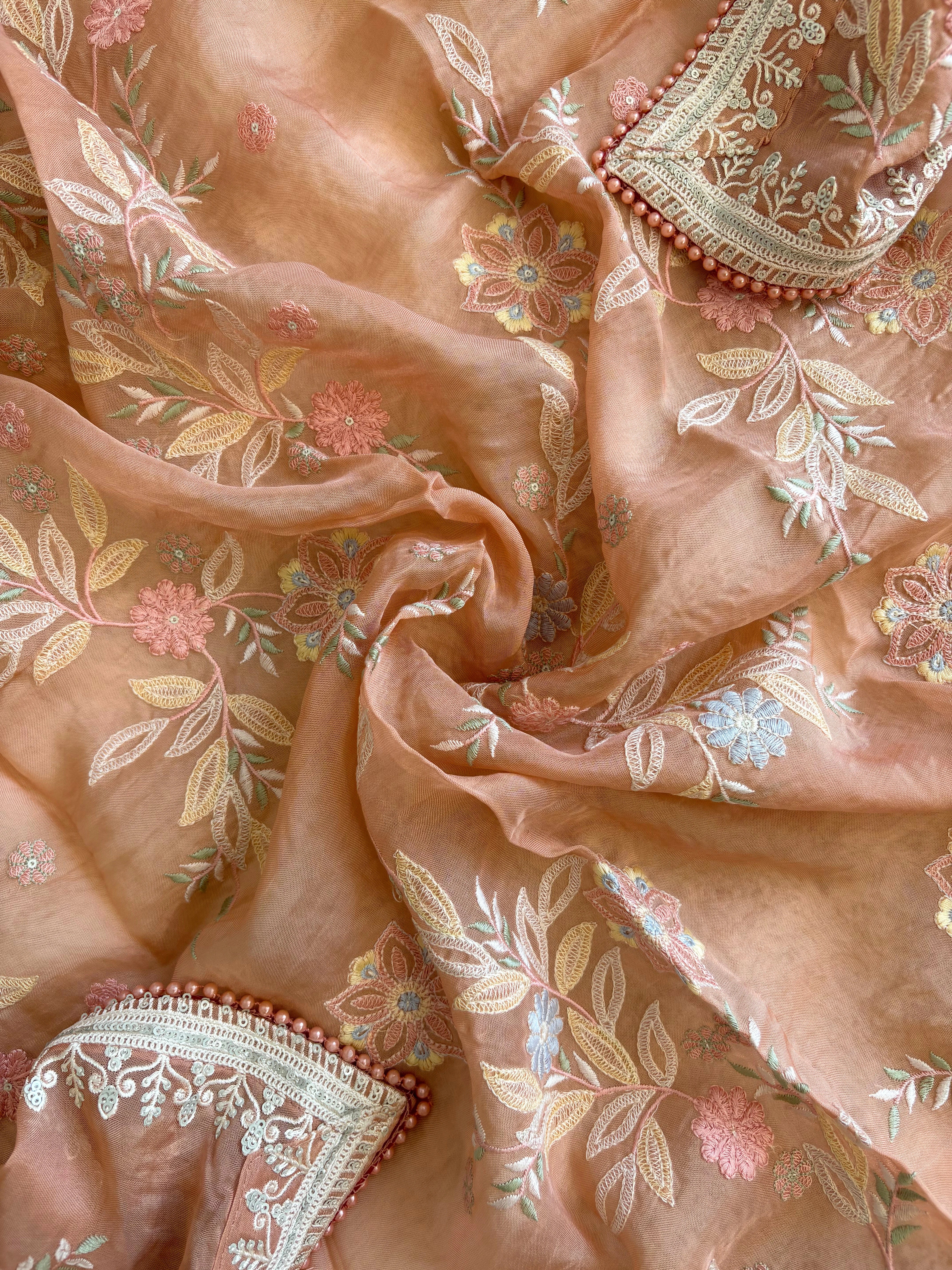 Peach color sheer organza with parsi embroidory.