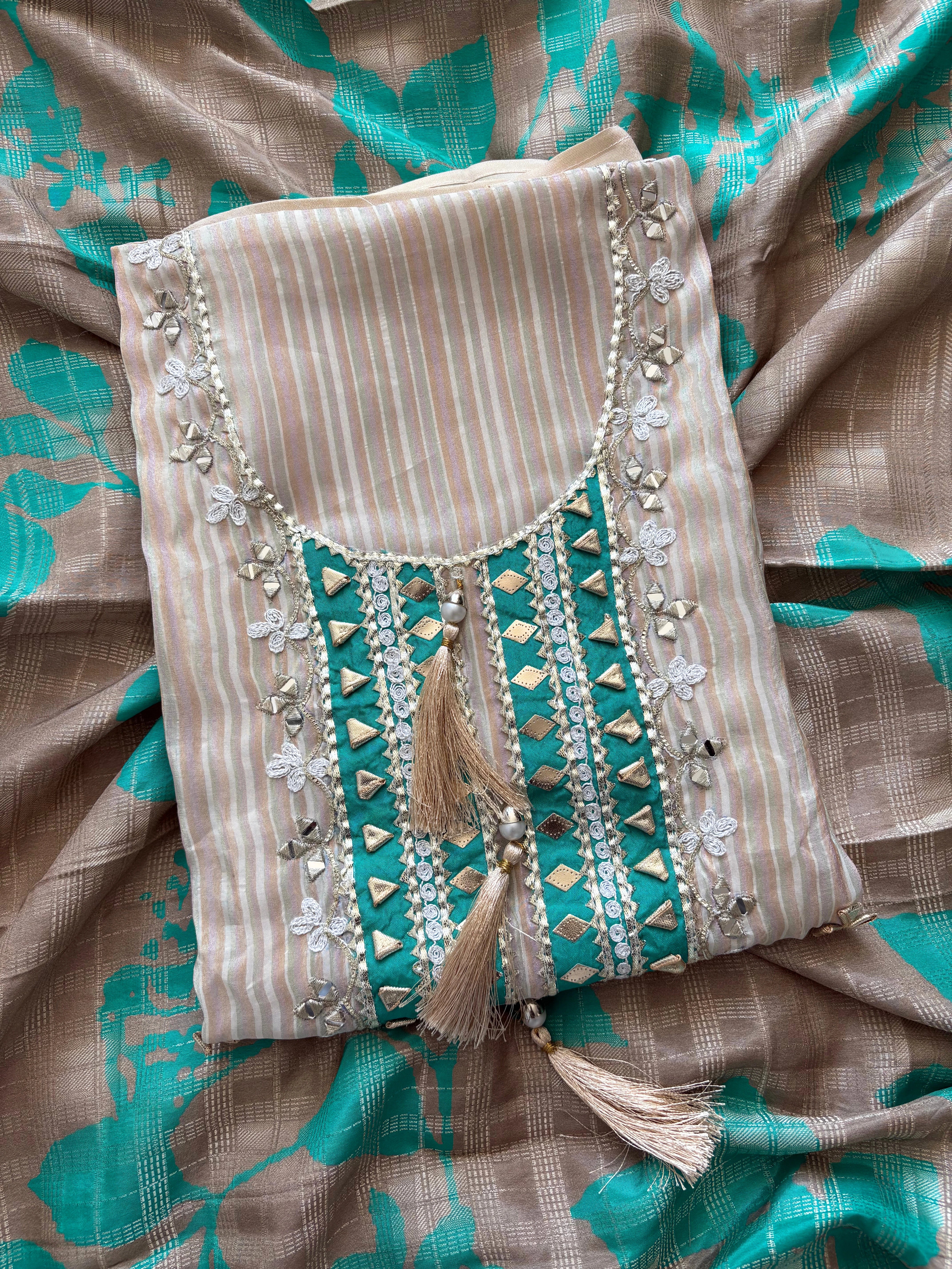 Beige & Teal Shimmer Organza Suit with Gotta Patti Embroidery