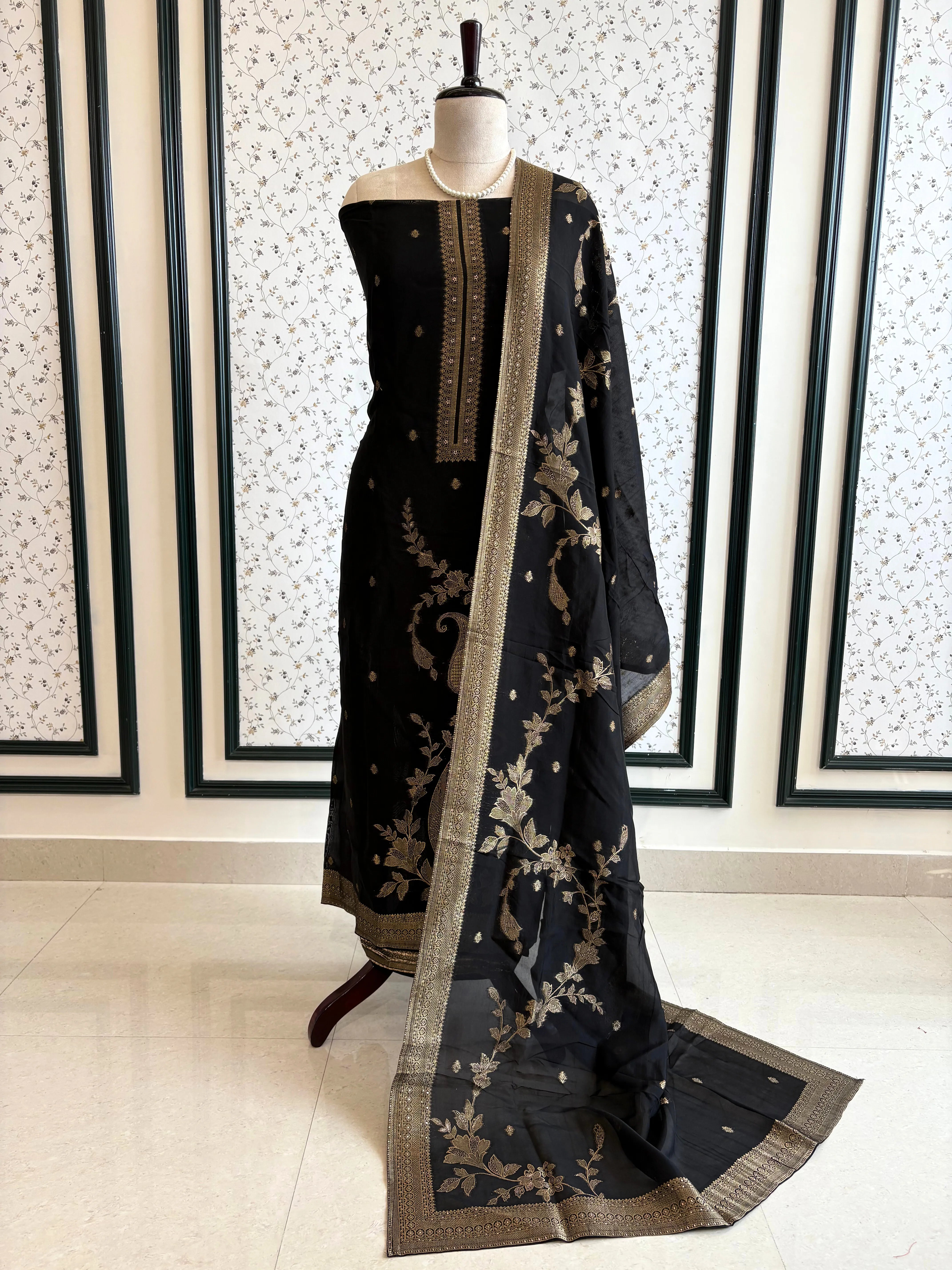 Black Roman Silk Unstitched Suit - The Zareesh