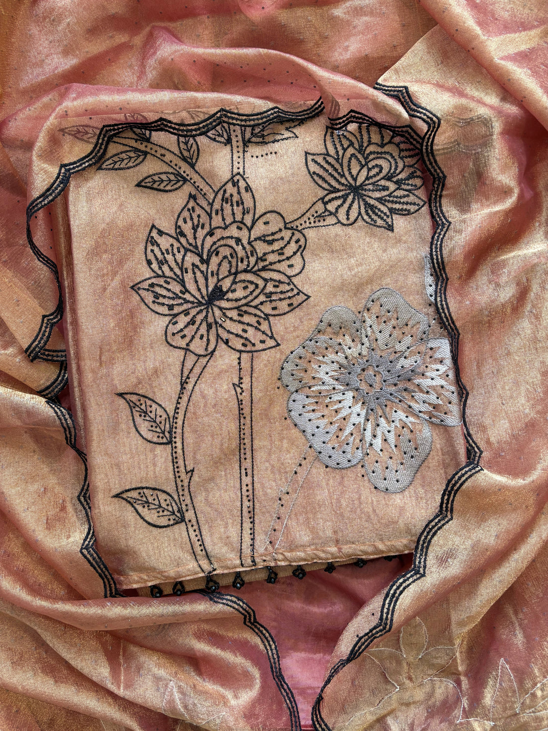 Rust Glass Tissue Suit with Intricate Embroidery & Organza Dupatta
