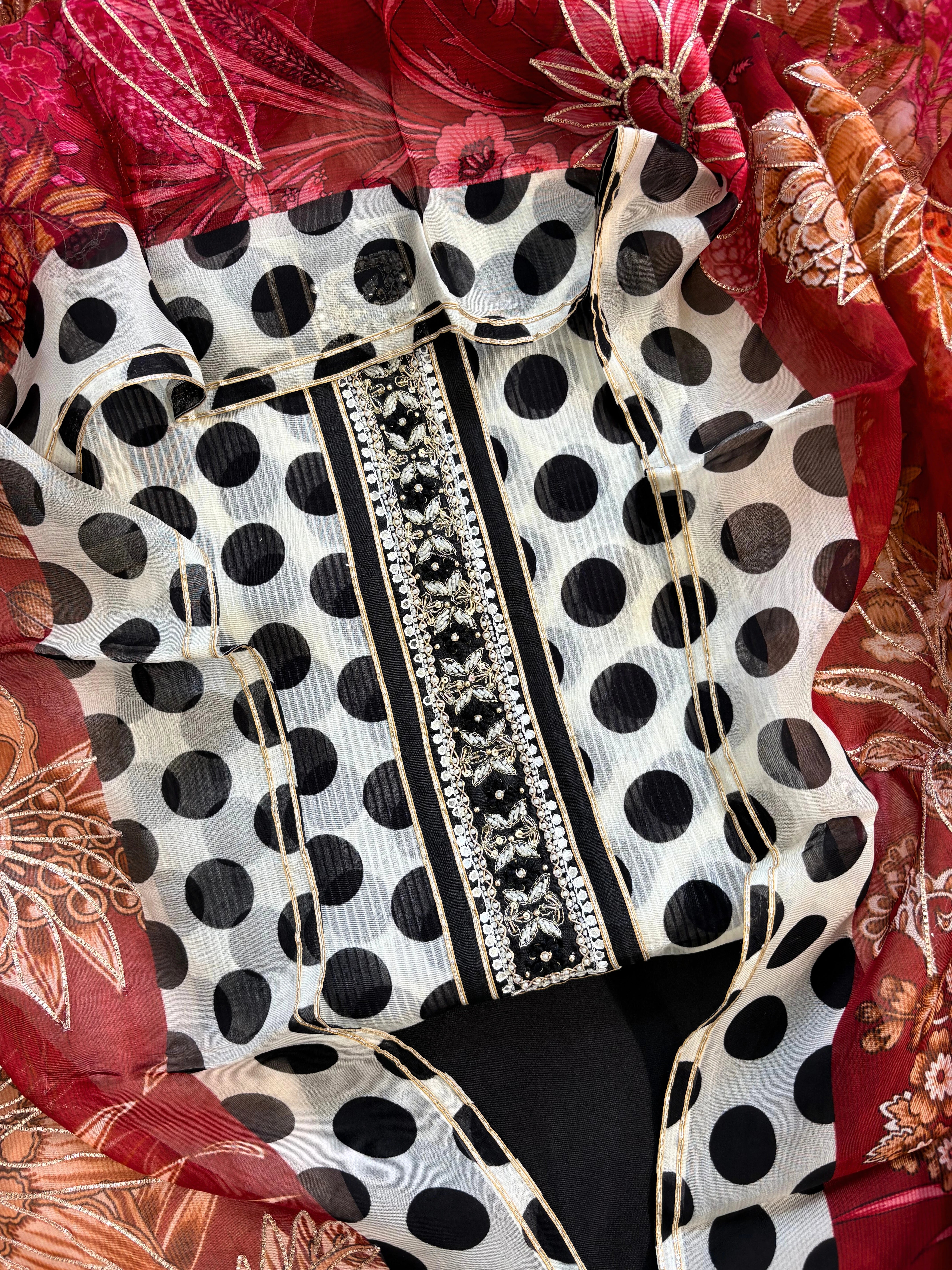 organza unstitched suit with polka dots print and multicolor dupatta