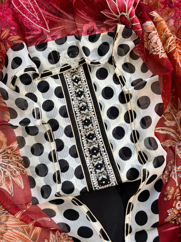 organza unstitched suit with polka dots print and multicolor dupatta