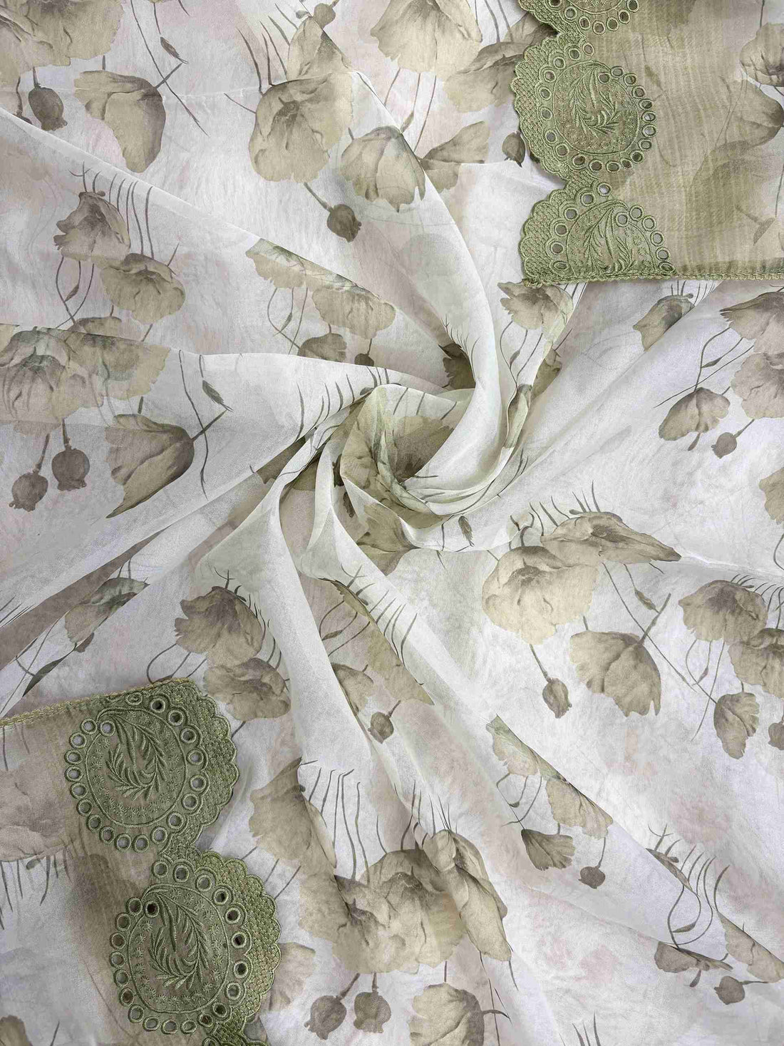 Olive Green Linen Suit with Threadwork & Organza Dupatta with Lace Detailing