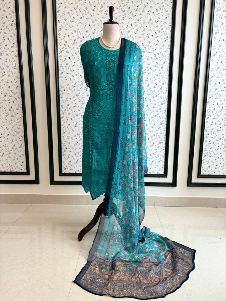 Blue Organza unstitched suit with kashida work