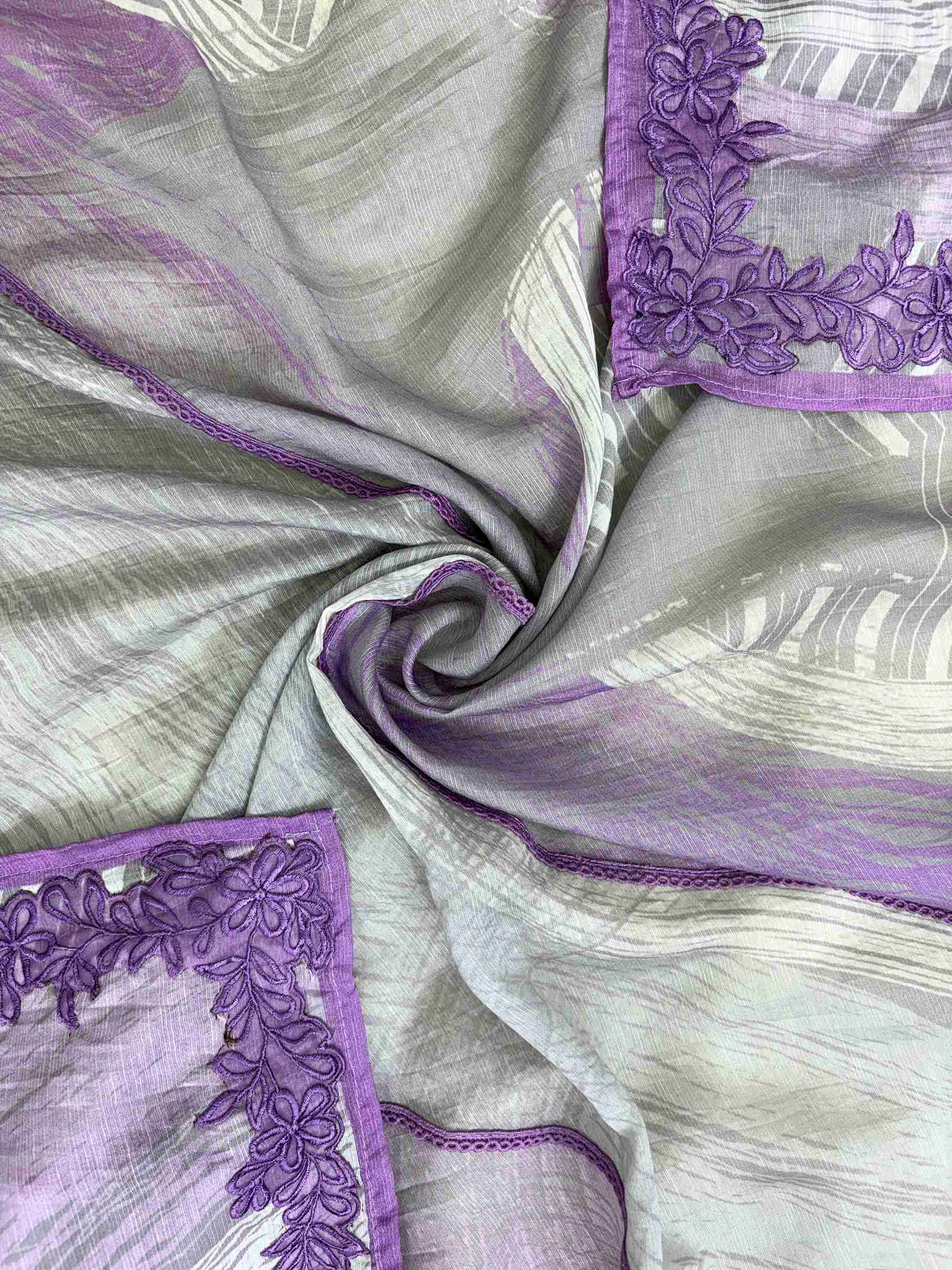 Grey Lavendar Pure Muslin Digital Print Handwork Unstitched Suit Set