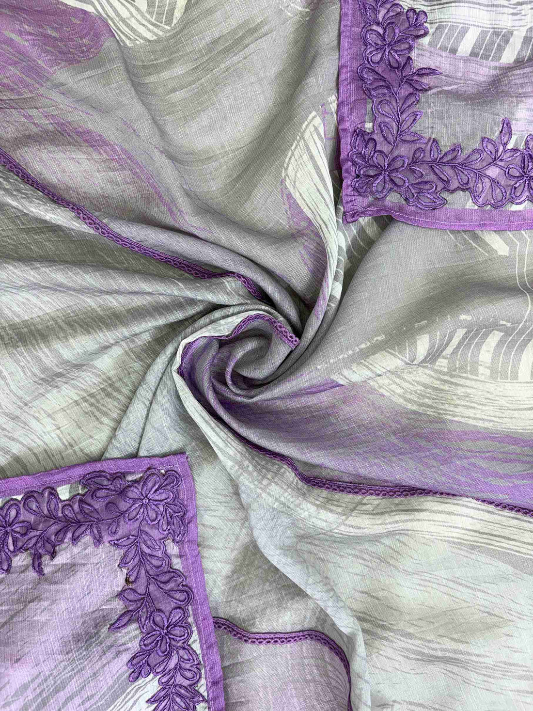 Grey Lavendar Pure Muslin Digital Print Handwork Unstitched Suit Set