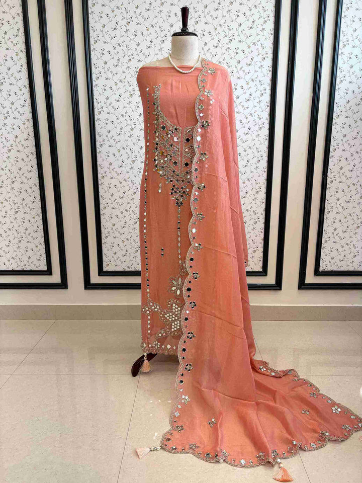 Tissue Silk unstitched suit with Mirror work - The Zareesh