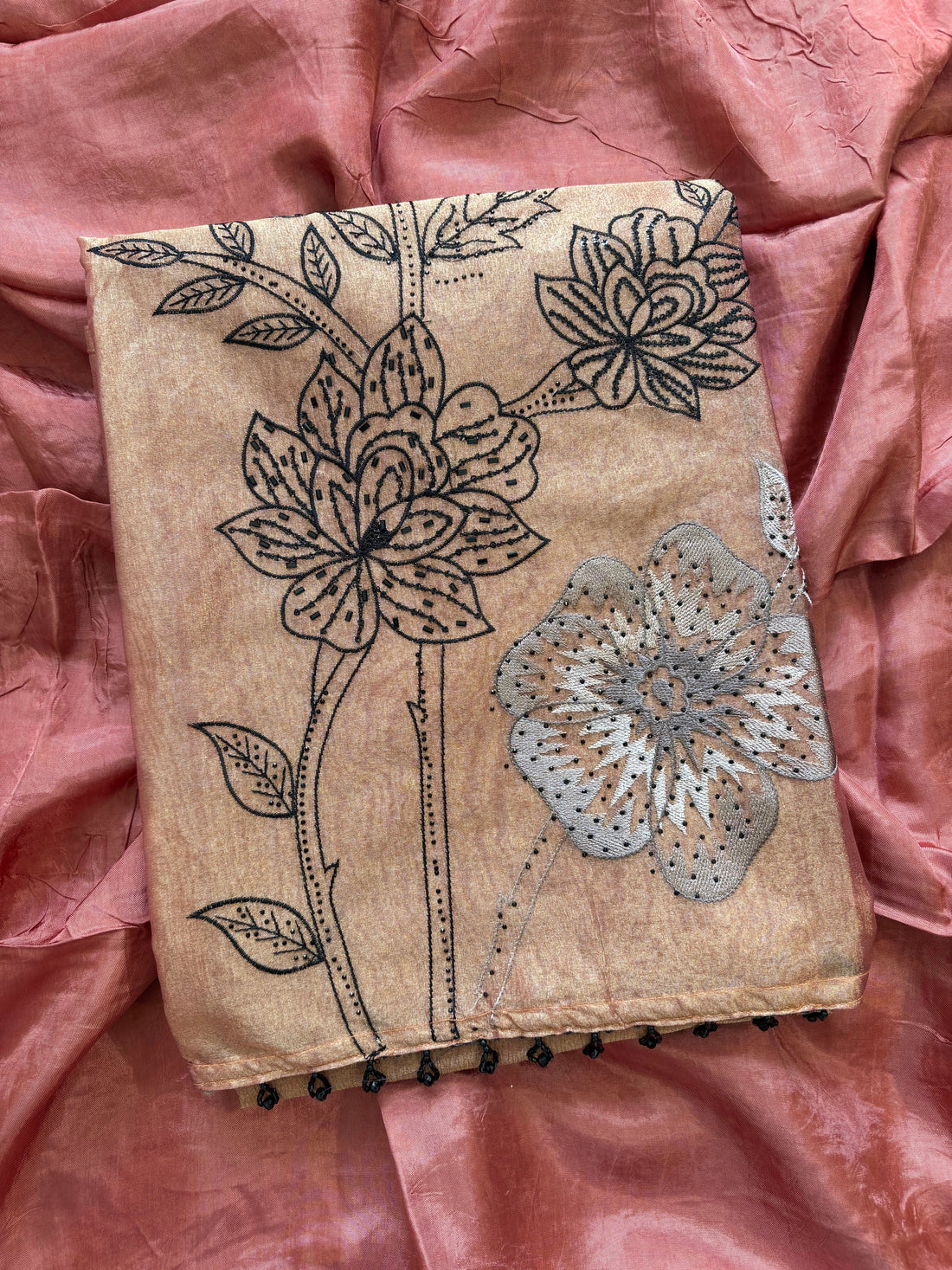Rust Glass Tissue Suit with Intricate Embroidery & Organza Dupatta