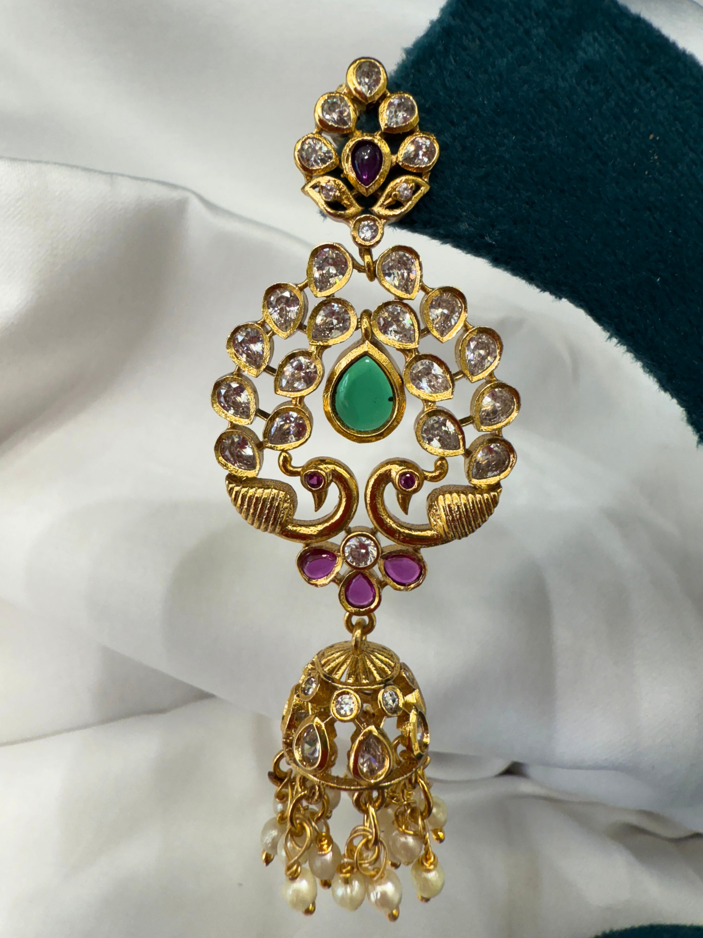 Kundan Peacock Chandbali Long Earrings with Jhumka Drop, Antique Gold Finish
