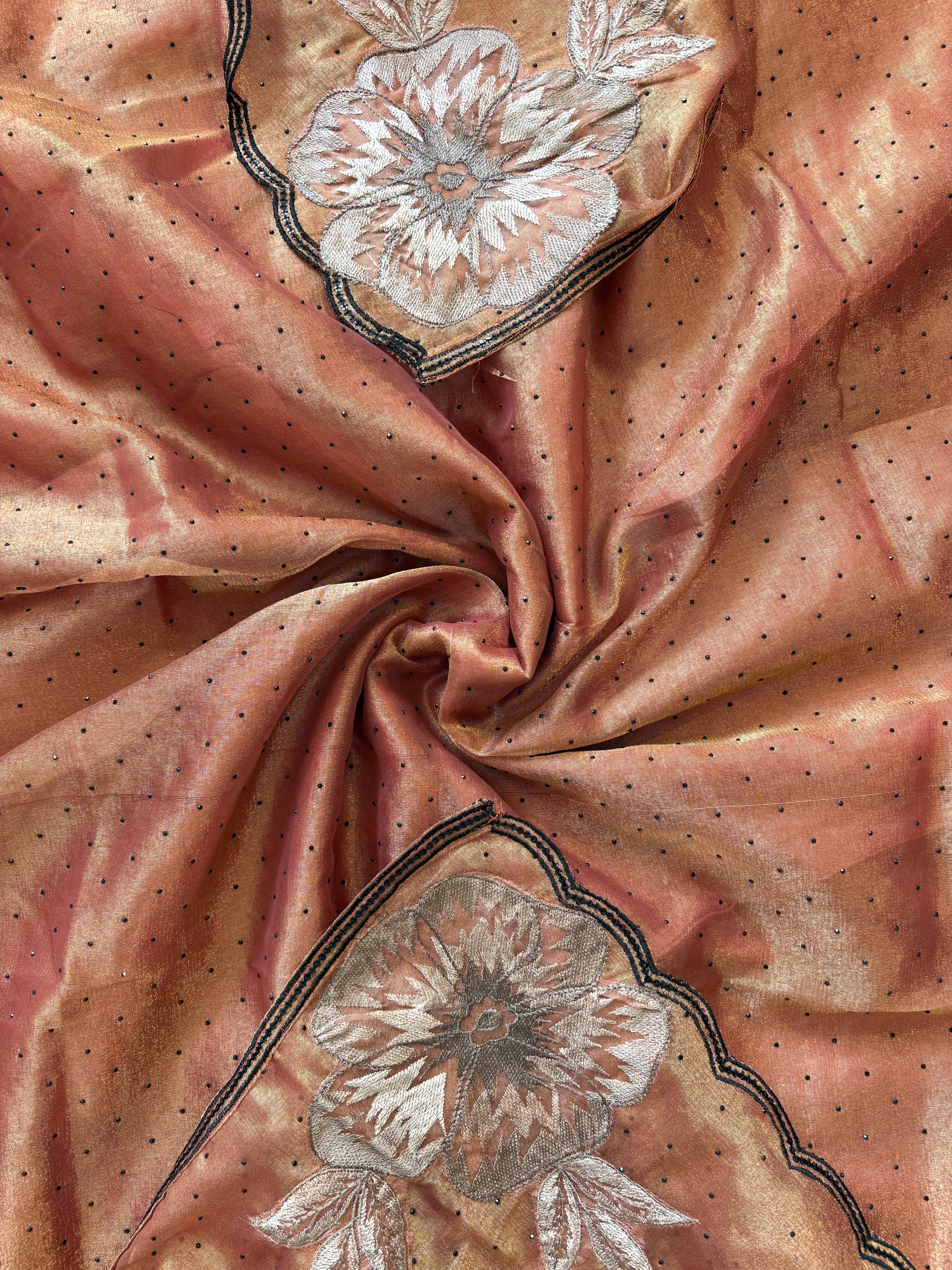 Rust glass tissue suit with intricate embroidery and organza dupatta – luxury ethnic wear for weddings and festive occasions.