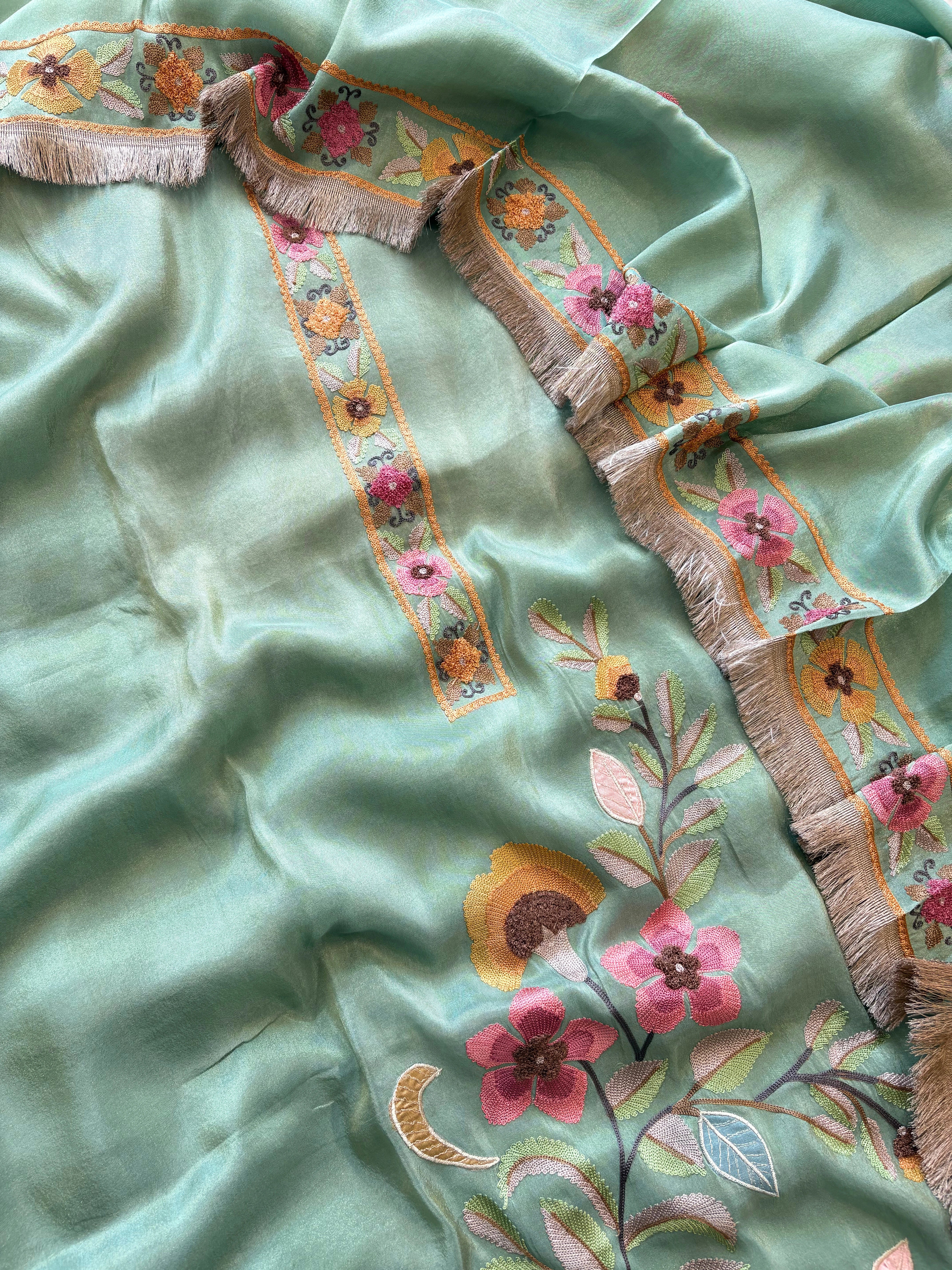 aqua green shimmer organza with kashida work and kiran lace highlighting