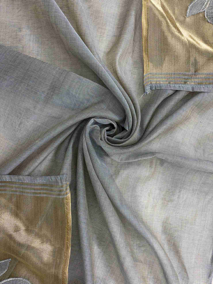Grey Jamdani Cotton Unstitched Suit | Minimalist Applique Floral Neckline | Broad Gold Zari Patta Hemline & Applique Corner Dupatta Women's Suit