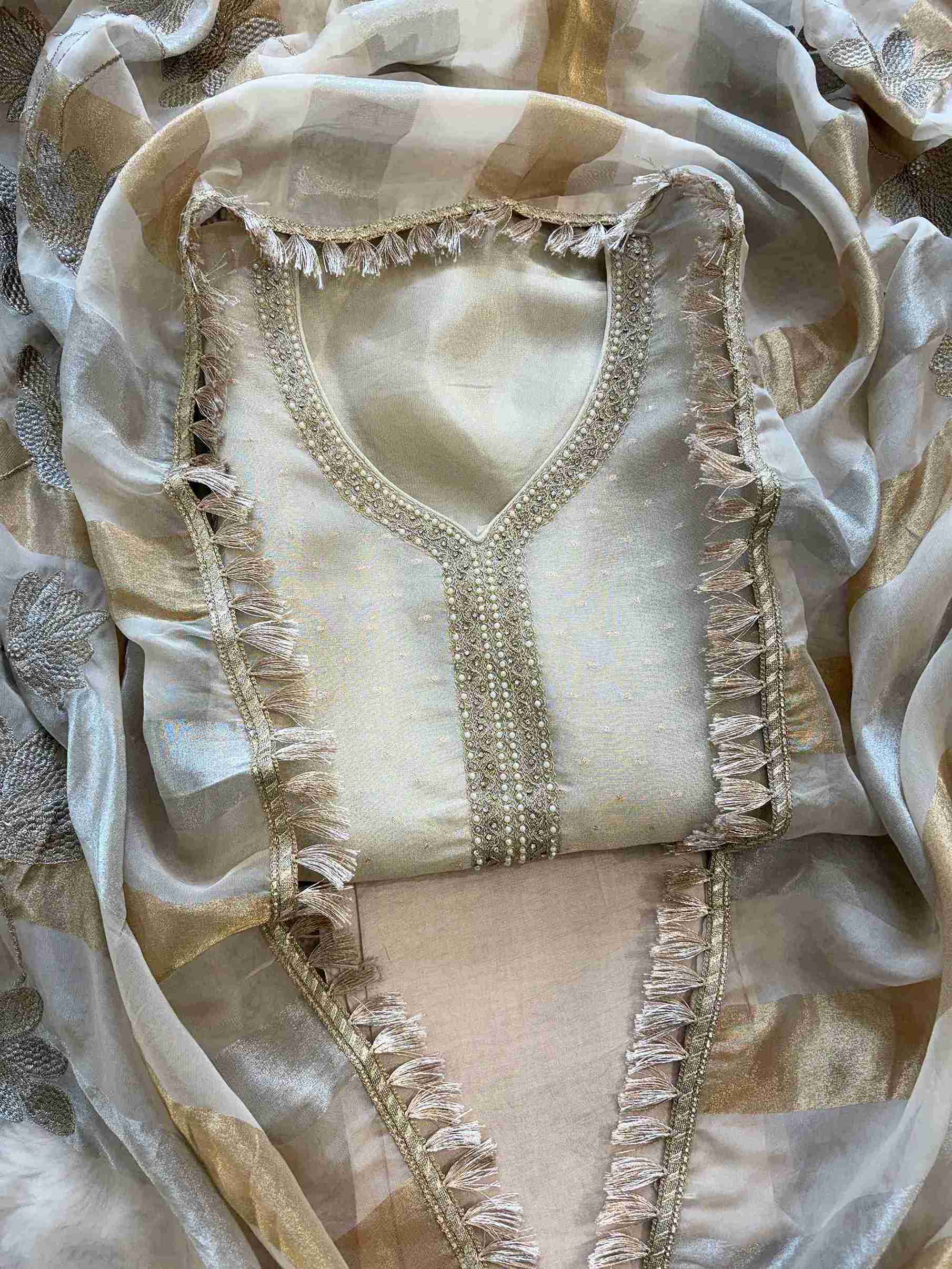 Champagne beige shimmer organza dupatta with stripes pattern and floral embroidery