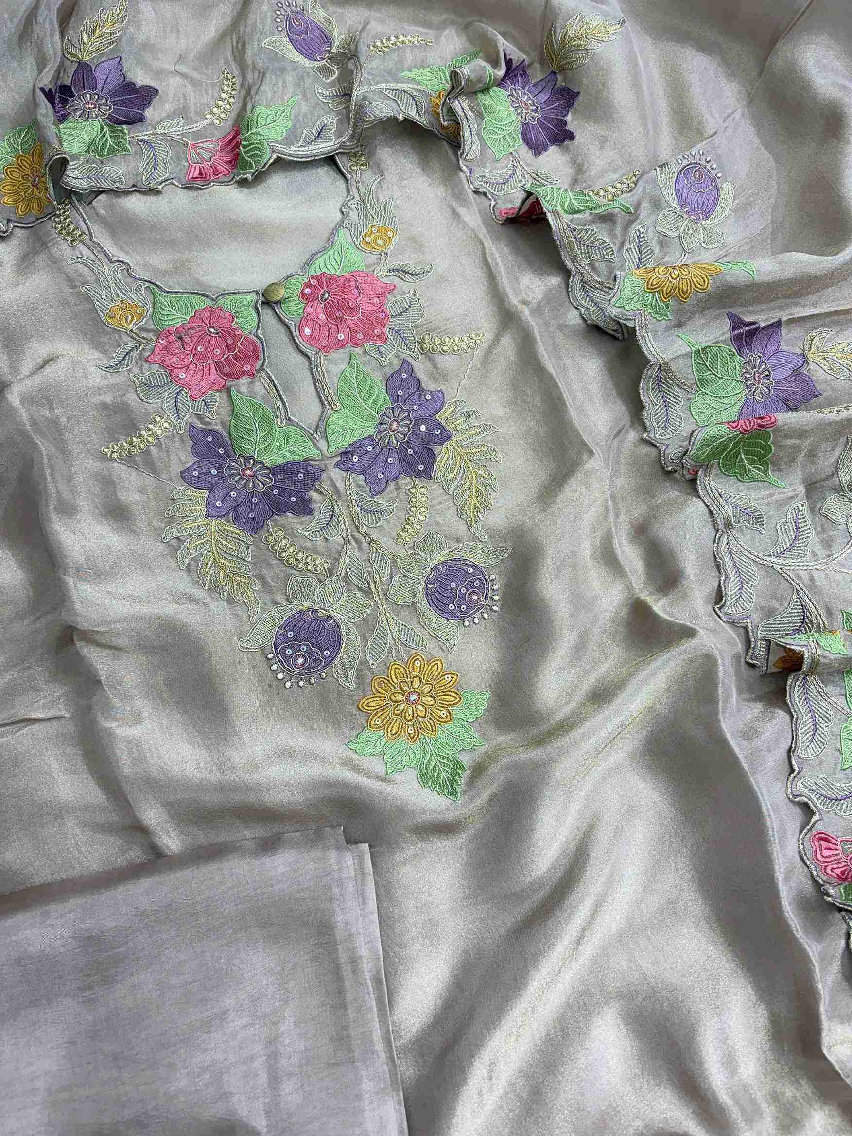Cutwork embroidered hemline border on shimmer organza suit