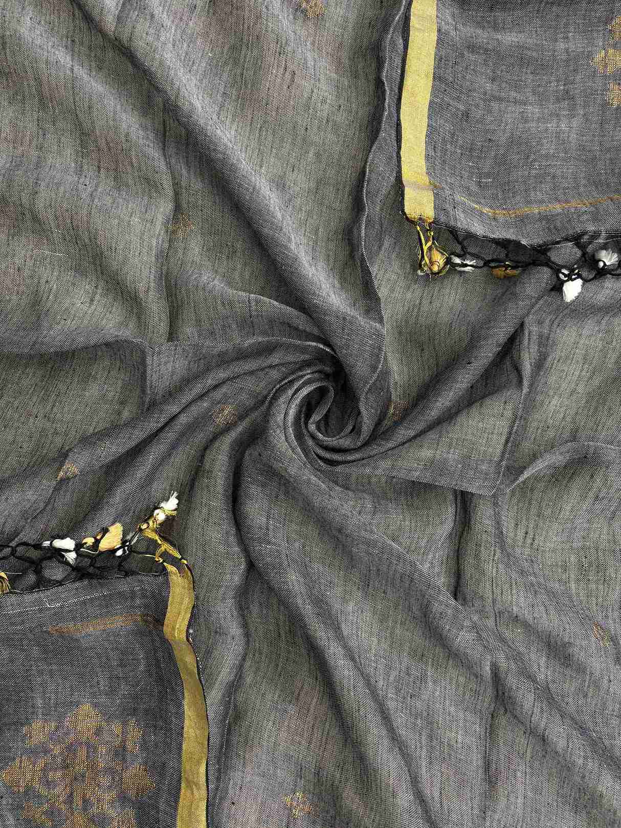 Multicolor tassels at corner of charcoal grey pure handloom linen dupatta