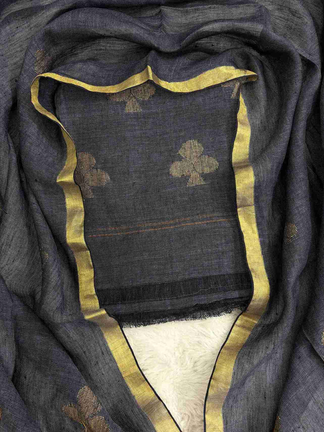 Scattered golden geometric spade woven motifs across charcoal-grey pure handloom linen shirt body
