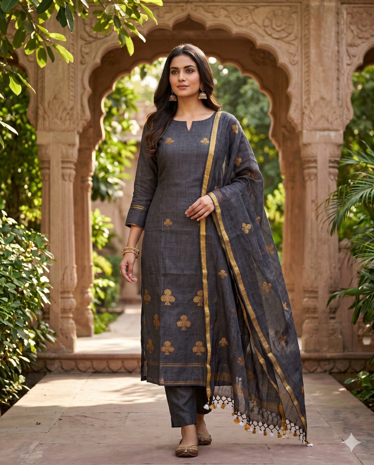 Model Wearing Complete charcoal grey pure handloom linen unstitched 2-piece  with shirt and dupatta showing golden spade motifs