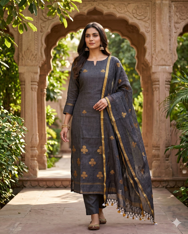 Model Wearing Complete charcoal grey pure handloom linen unstitched 2-piece  with shirt and dupatta showing golden spade motifs
