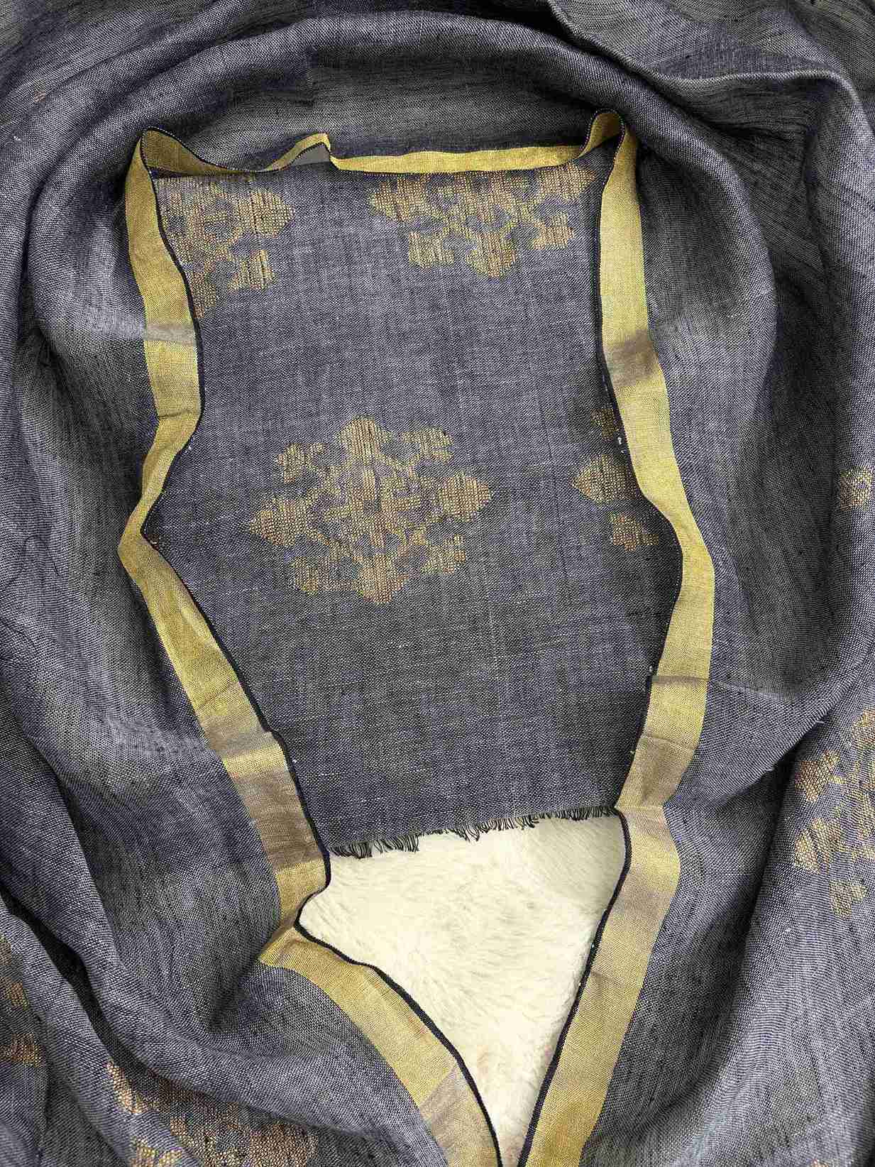 Scattered golden woven floral cluster motifs across charcoal grey pure handloom linen dupatta surface