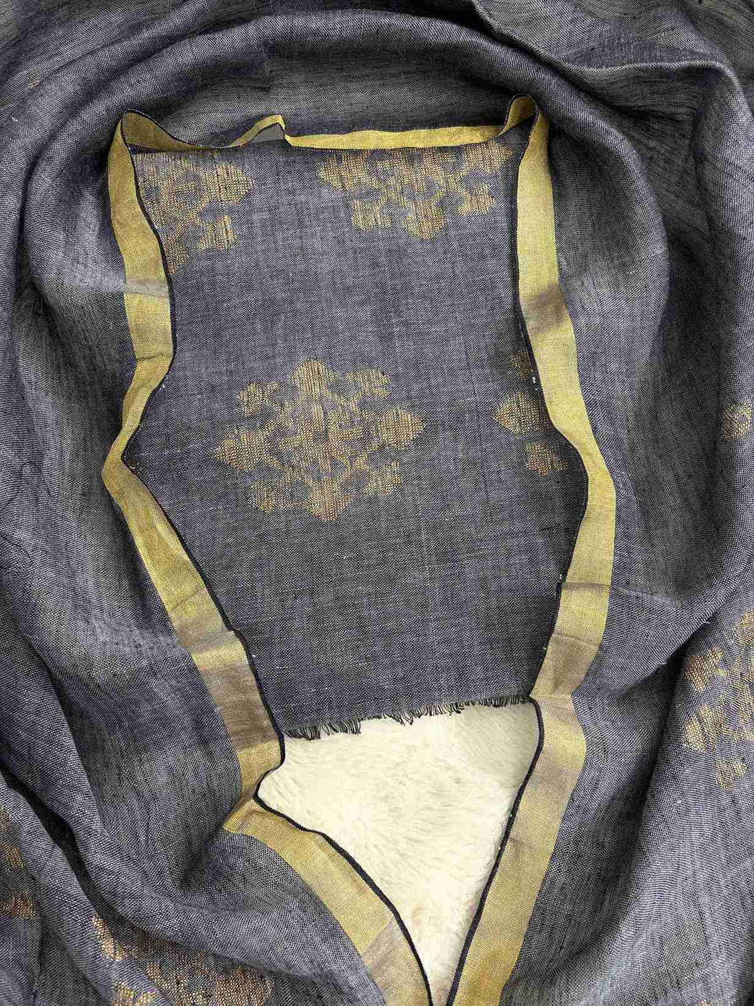 Scattered golden woven floral cluster motifs across charcoal grey pure handloom linen dupatta surface