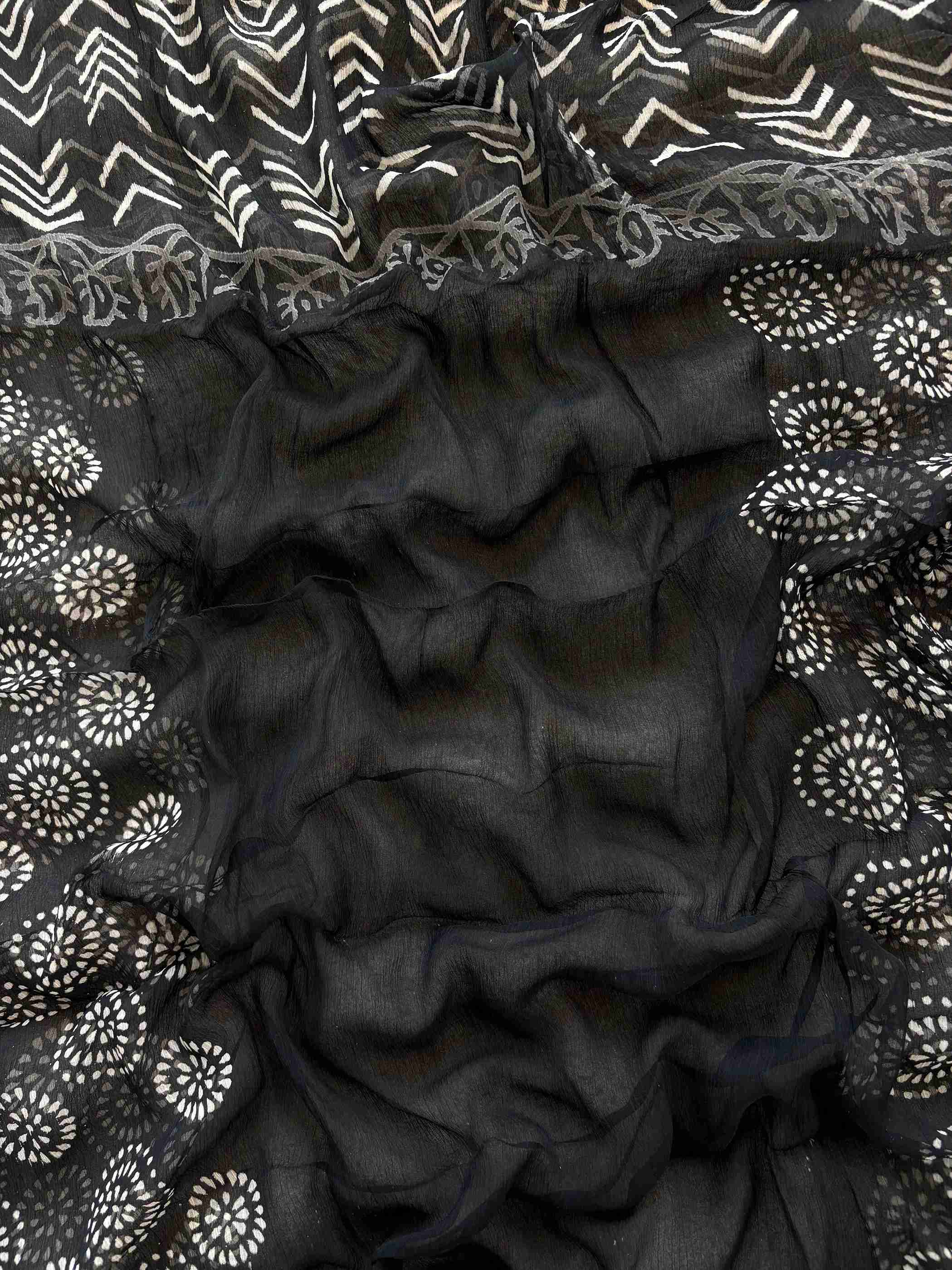 Black chiffon dupatta with floral Jaipuri hand block motifs