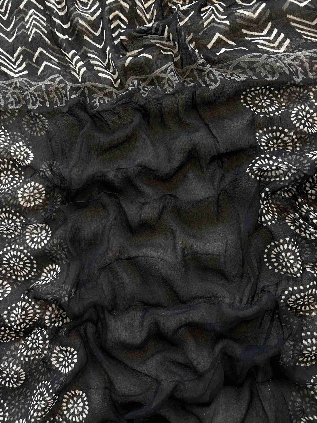Black chiffon dupatta with floral Jaipuri hand block motifs