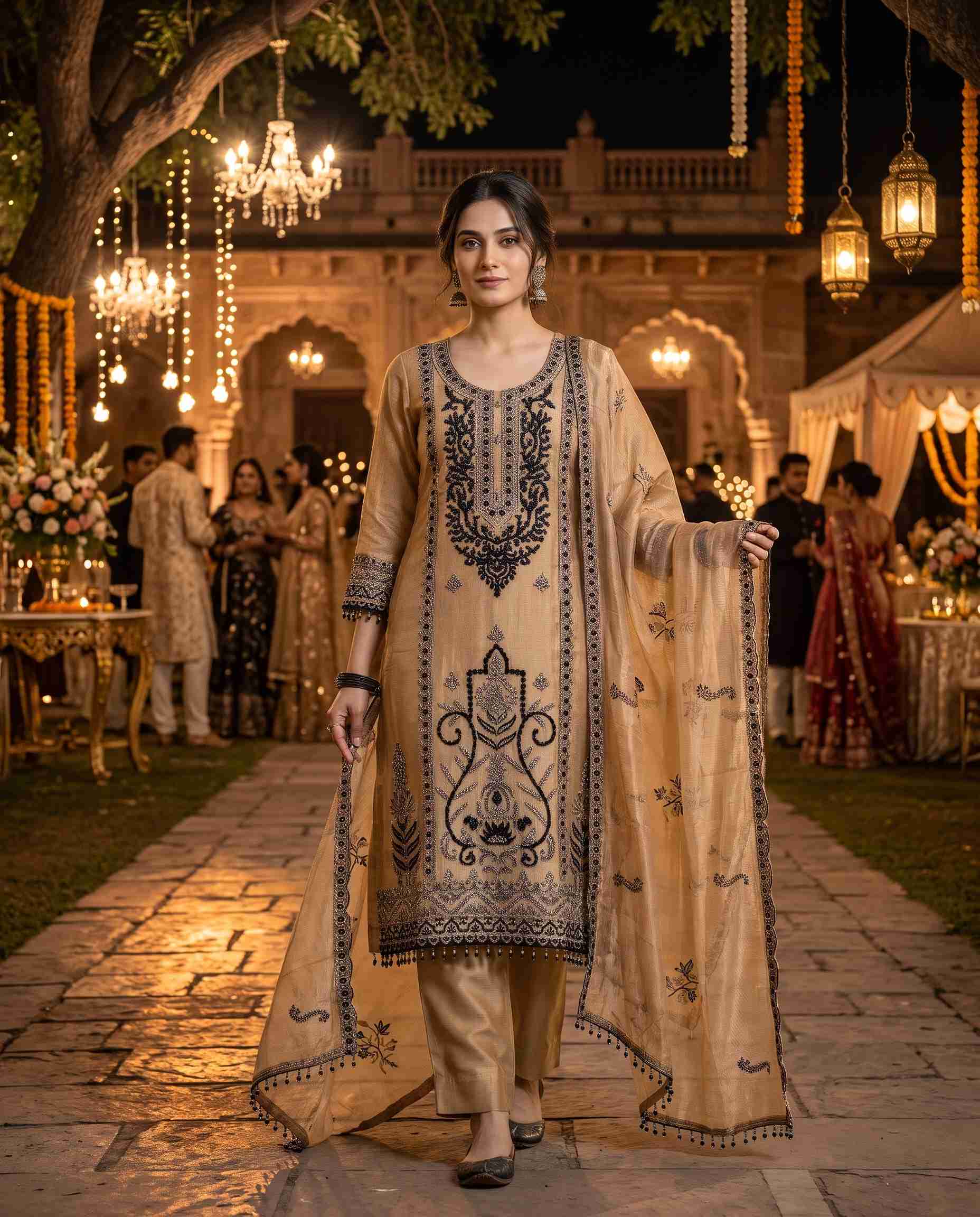 Copper beige giraffe tissue unstitched suit with black and silver cutdana and beads work and embroidered dupatta