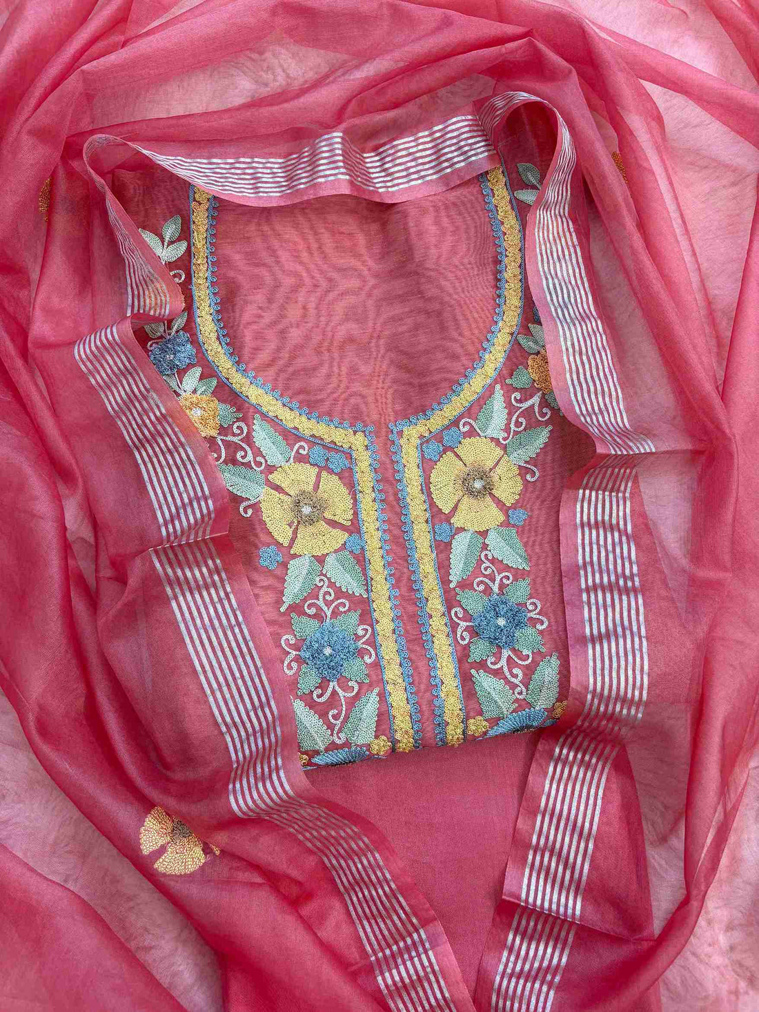 Close-up of floral aari embroidery on coral pink Chanderi suit neckline