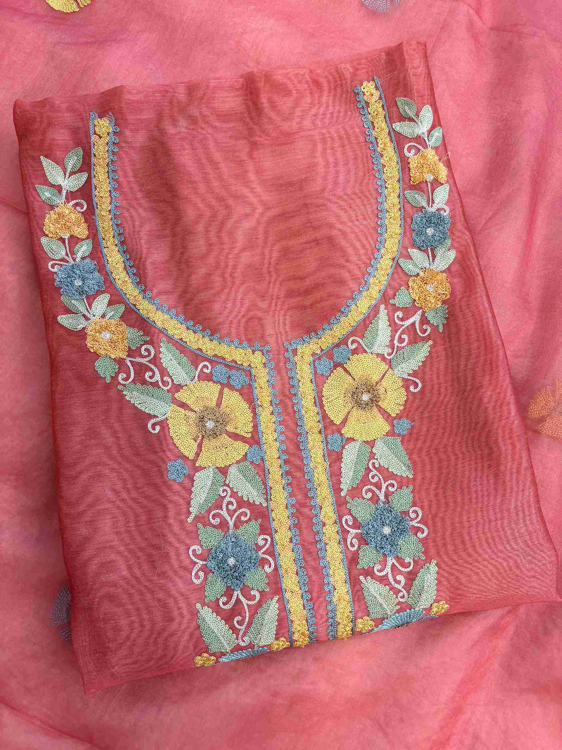 Coral pink Chanderi unstitched suit set flatlay with dupatta and bottom