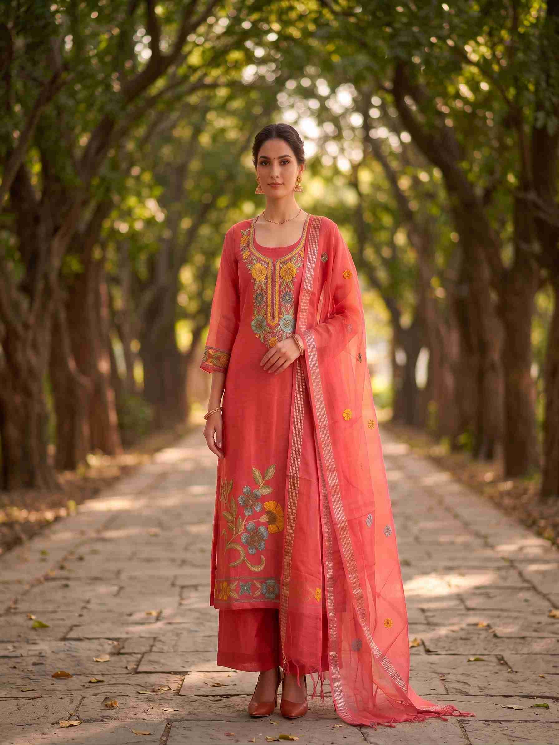 Model wearing coral pink Chanderi unstitched suit with floral aari embroidery