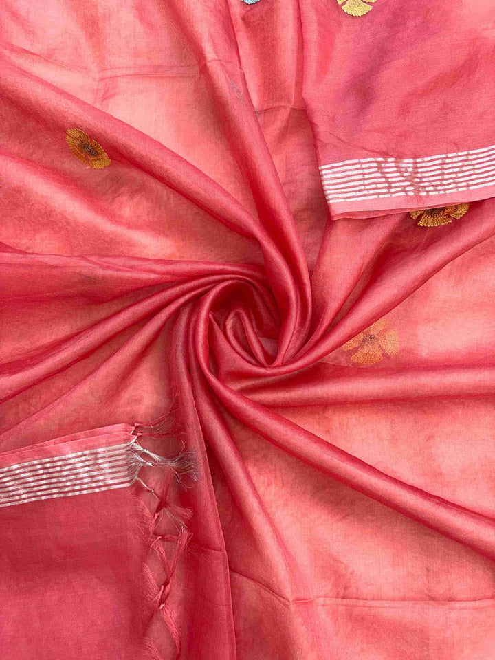 Coral pink organza dupatta with embroidered florals and silver striped border