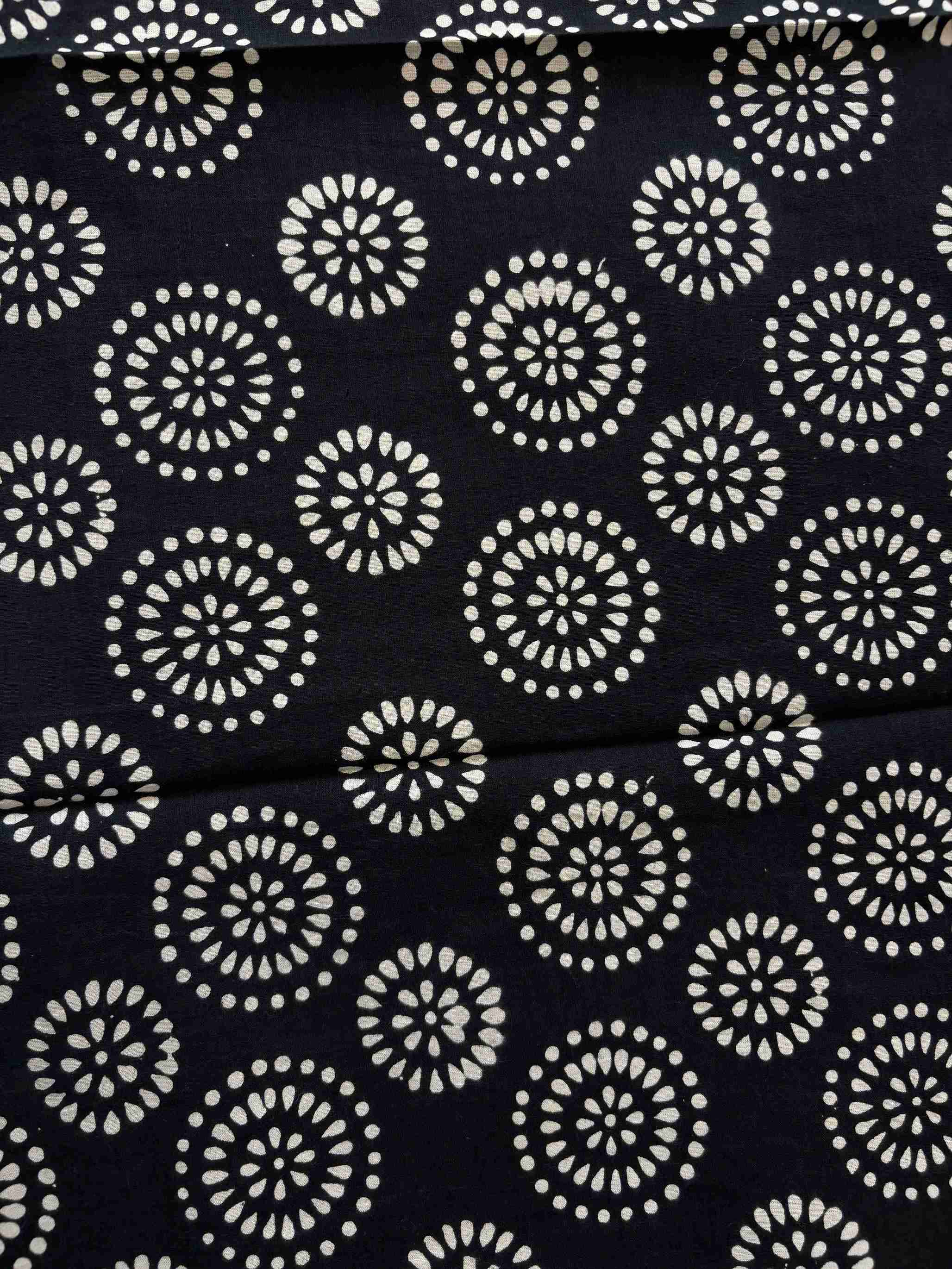 Black cotton bottom fabric with geometric hand block print