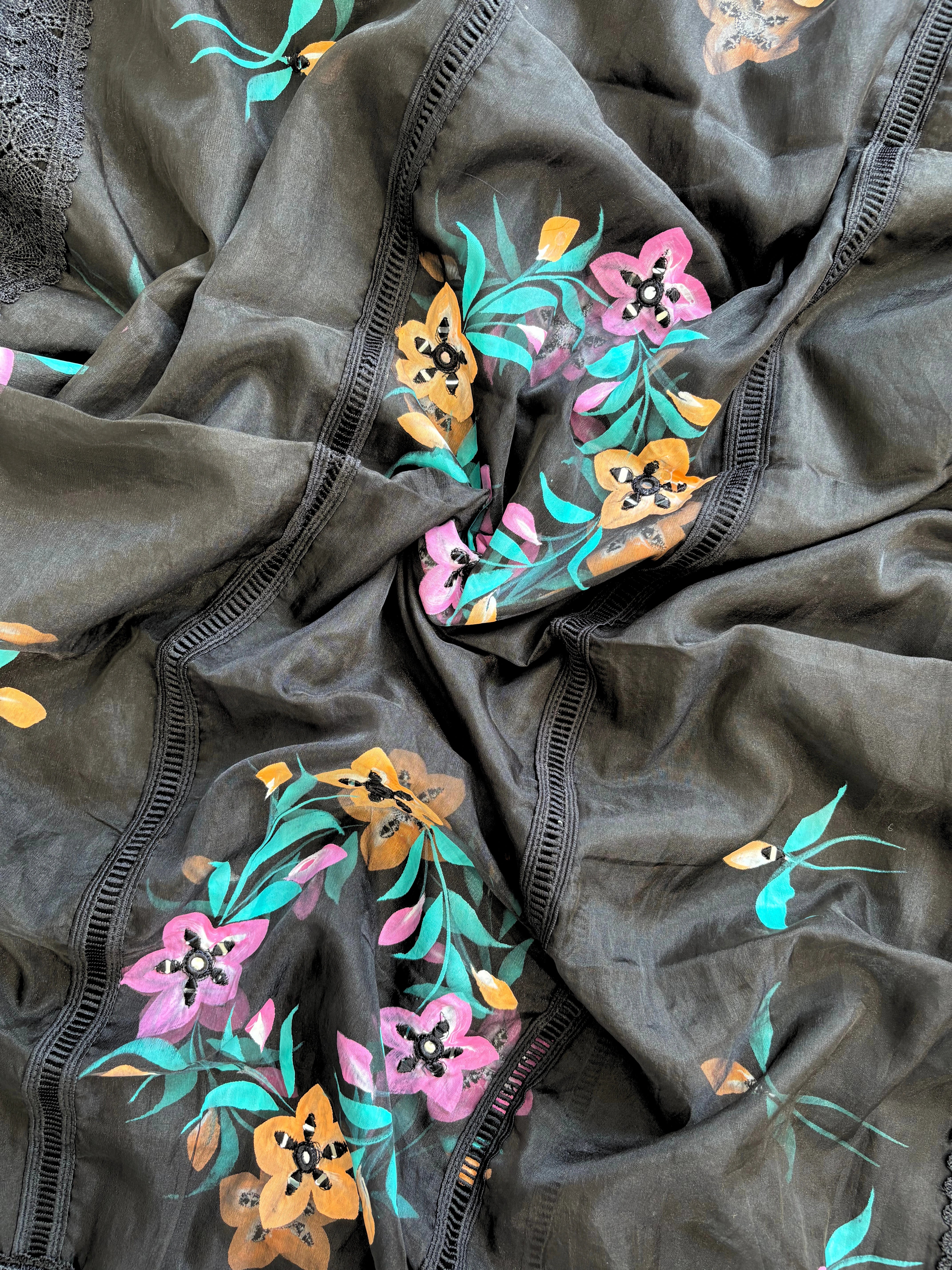 black linen suit with embroidered detailing and hand-painted floral organza dupatta, finished with lace border – unstitched ethnic wear set