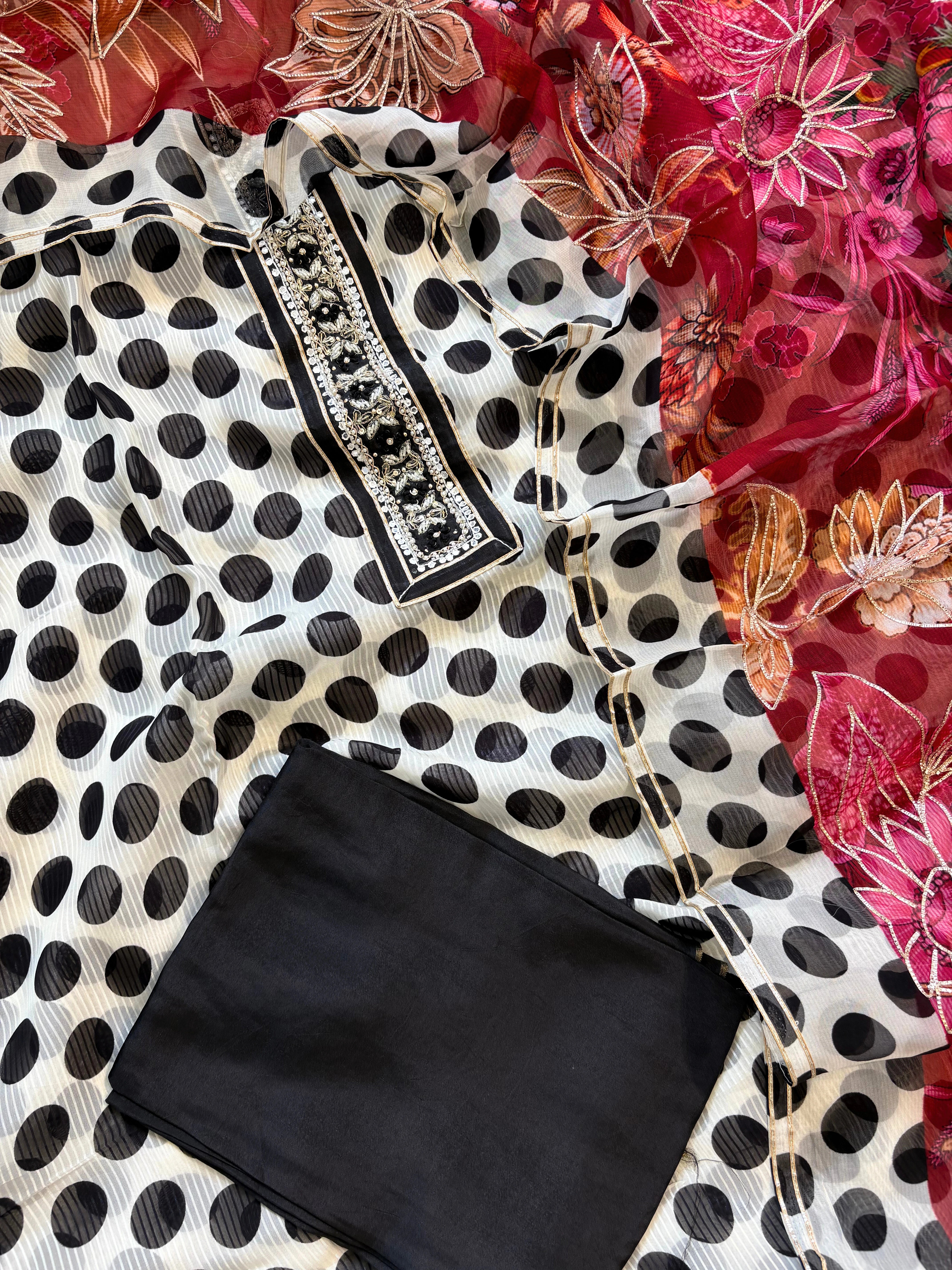 organza unstitched suit with polka dots print and multicolor dupatta