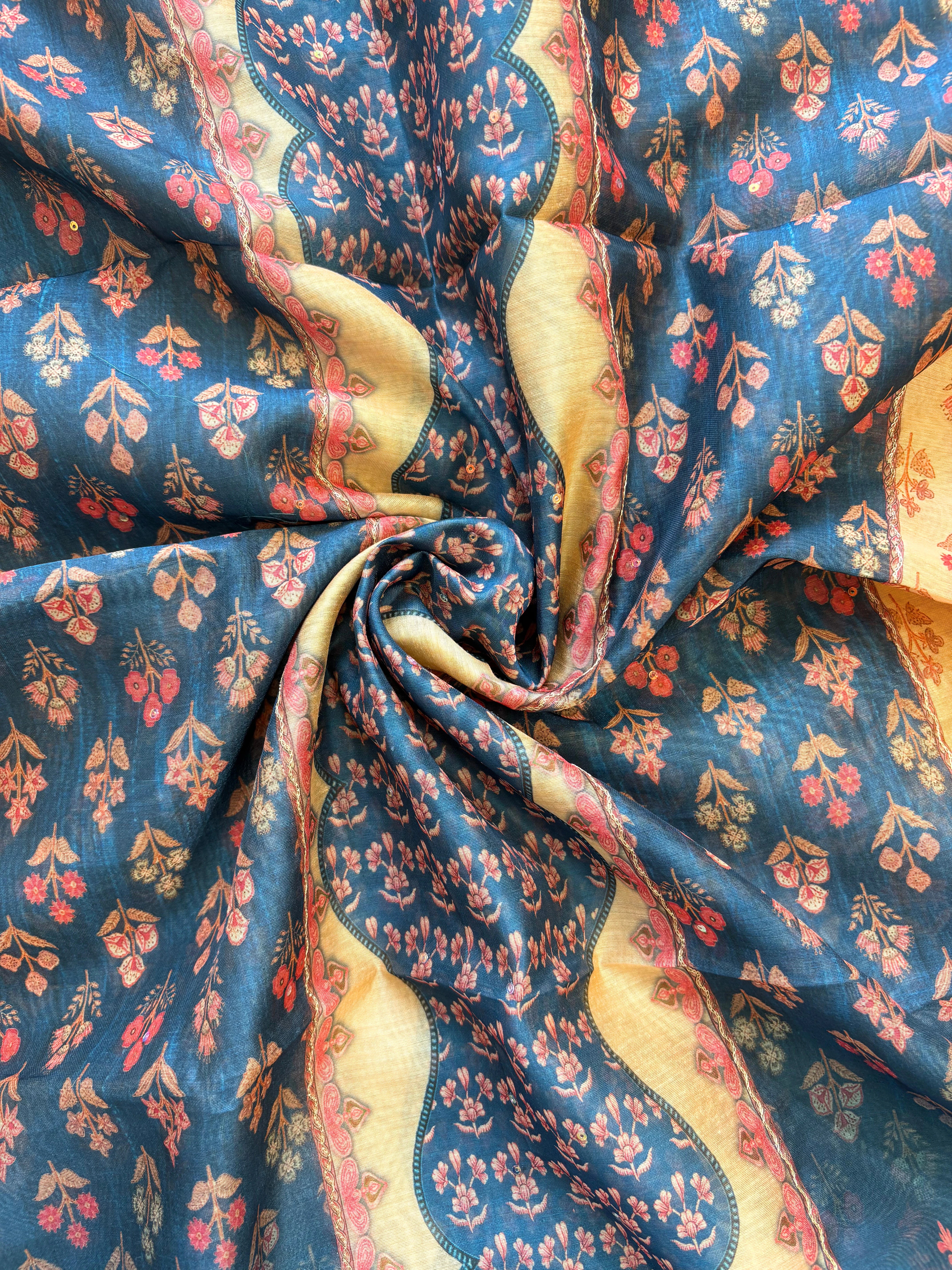 Shop Blue chanderi suit with golden weave and printed chanderi dupatta featuring tassel edging.