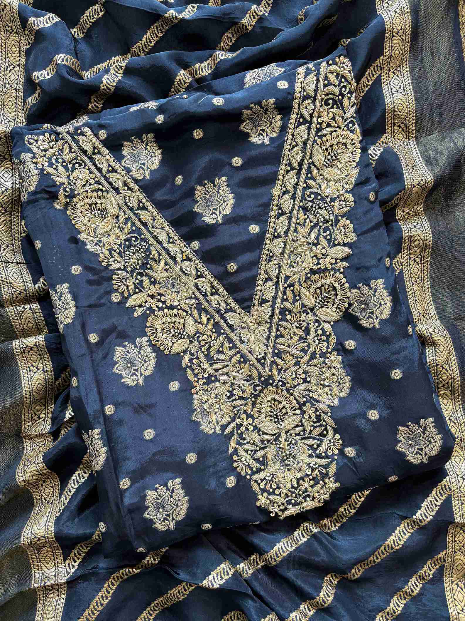 satin organza blue unstitched suit with V shape zardozi neckline