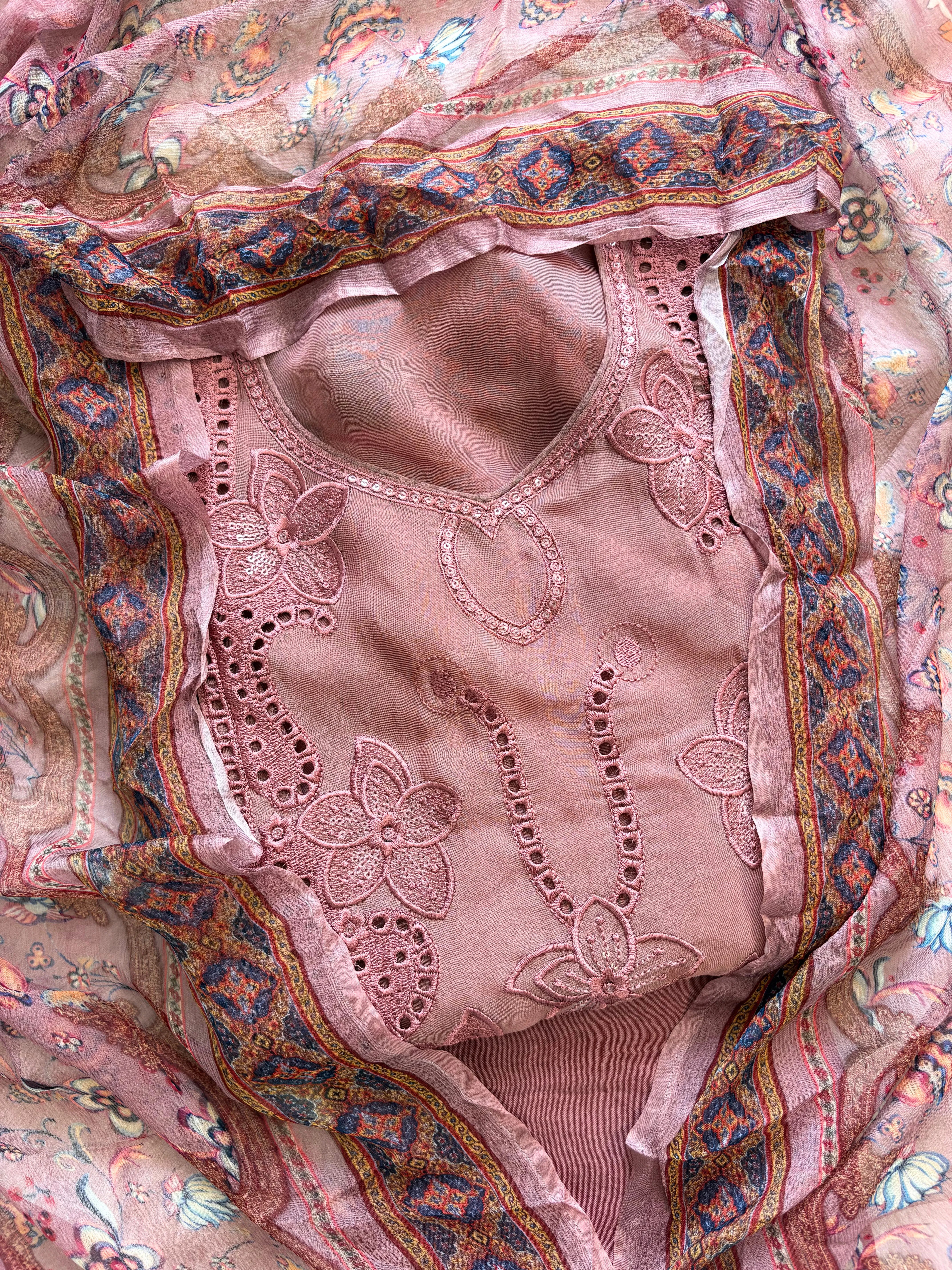 Soft Pink Organza unstitched suit with kashida work - The Zareesh