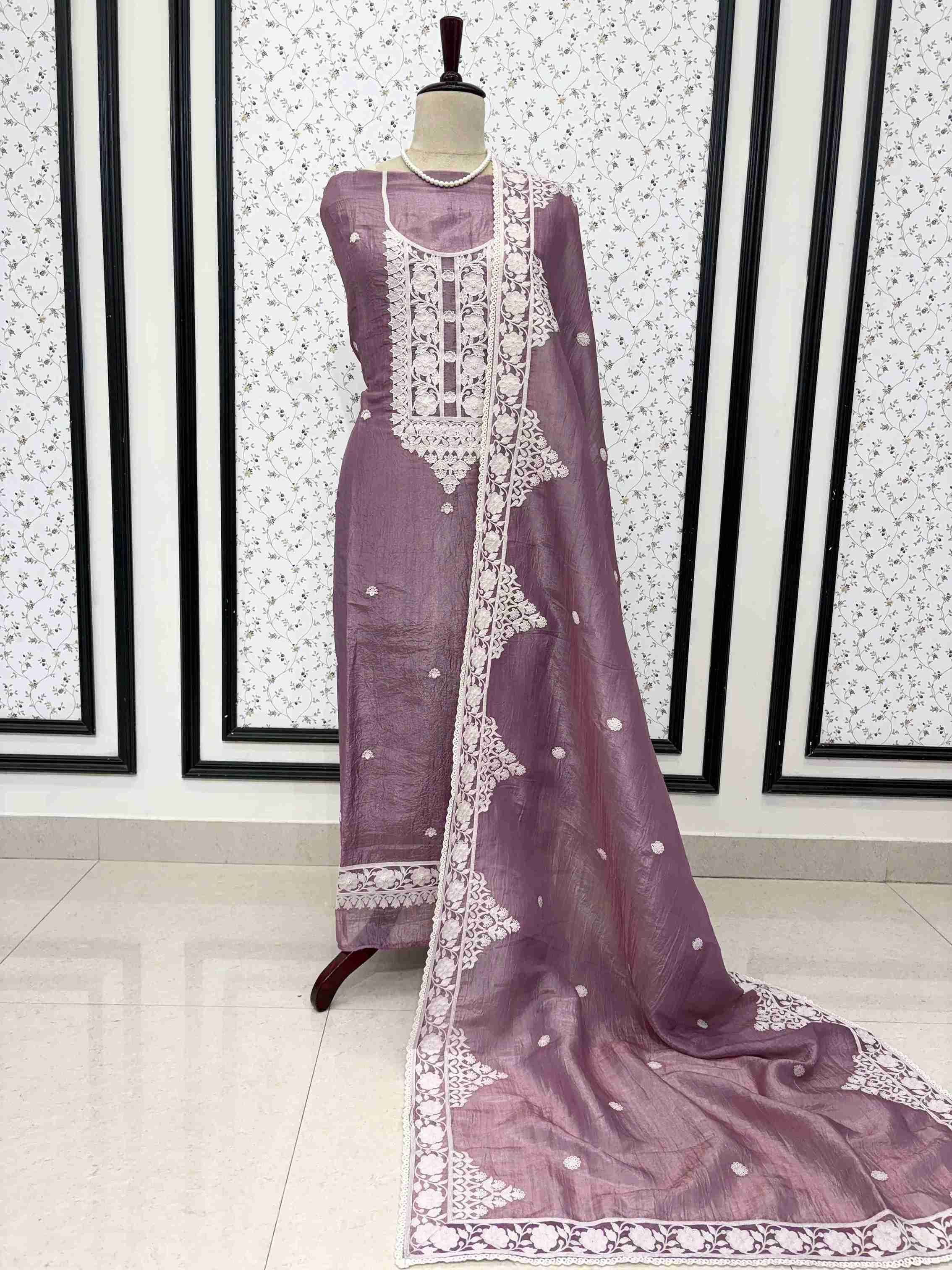 Soft Tissue Unstitched Suit with Thread work on Neck