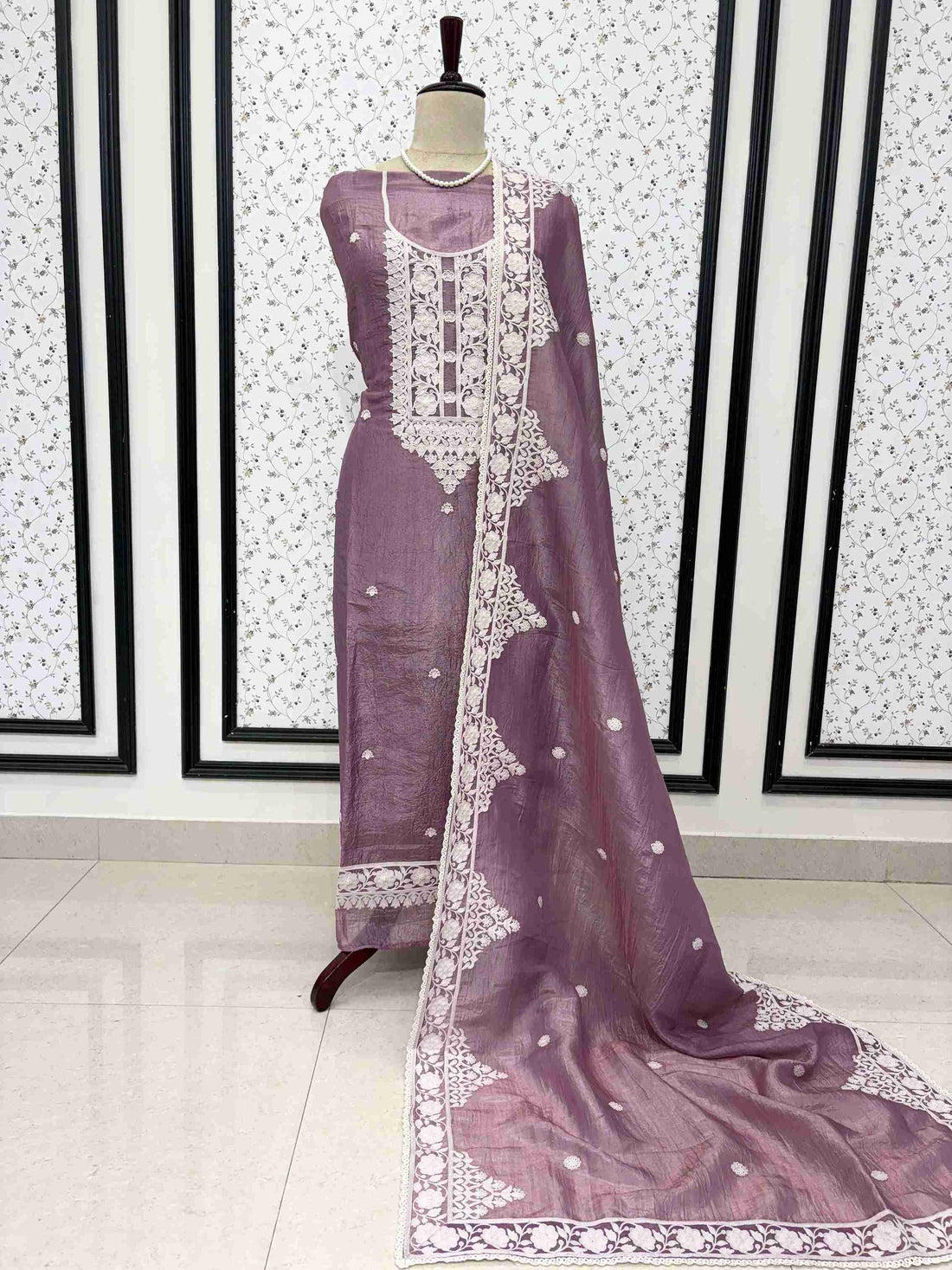 Soft Tissue Unstitched Suit with Thread work on Neck