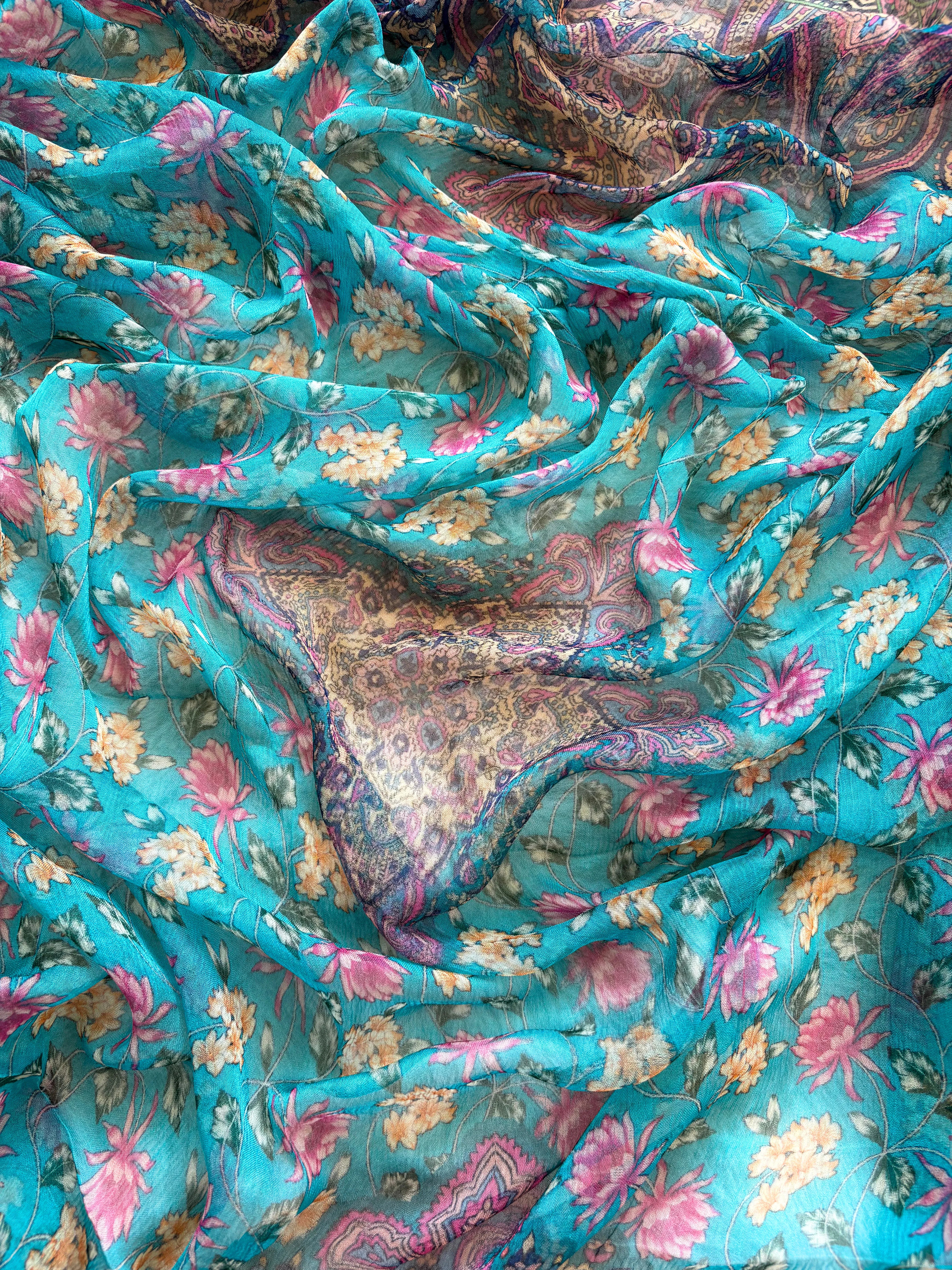 Blue Organza unstitched suit with kashida work - The Zareesh